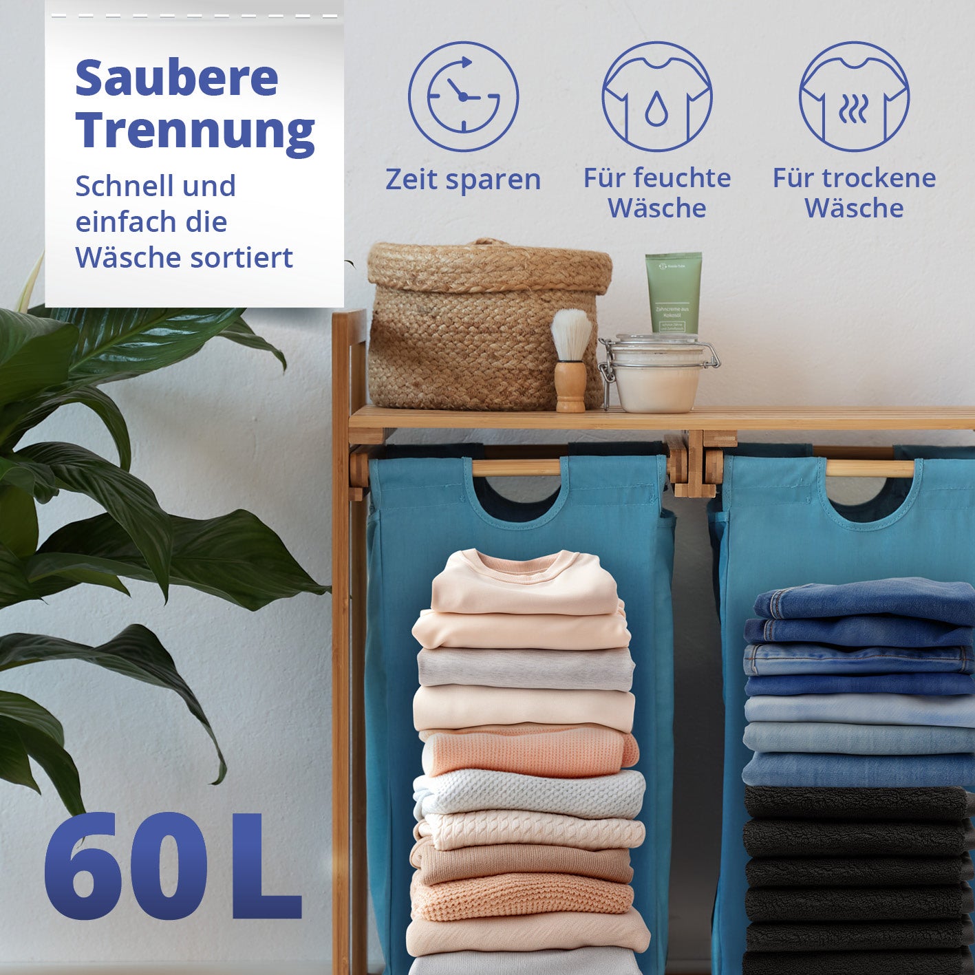 Bambus Wäschekorb mit 2 ausziehbaren Wäschesacken - 73 x 64 x 33 cm - Blau