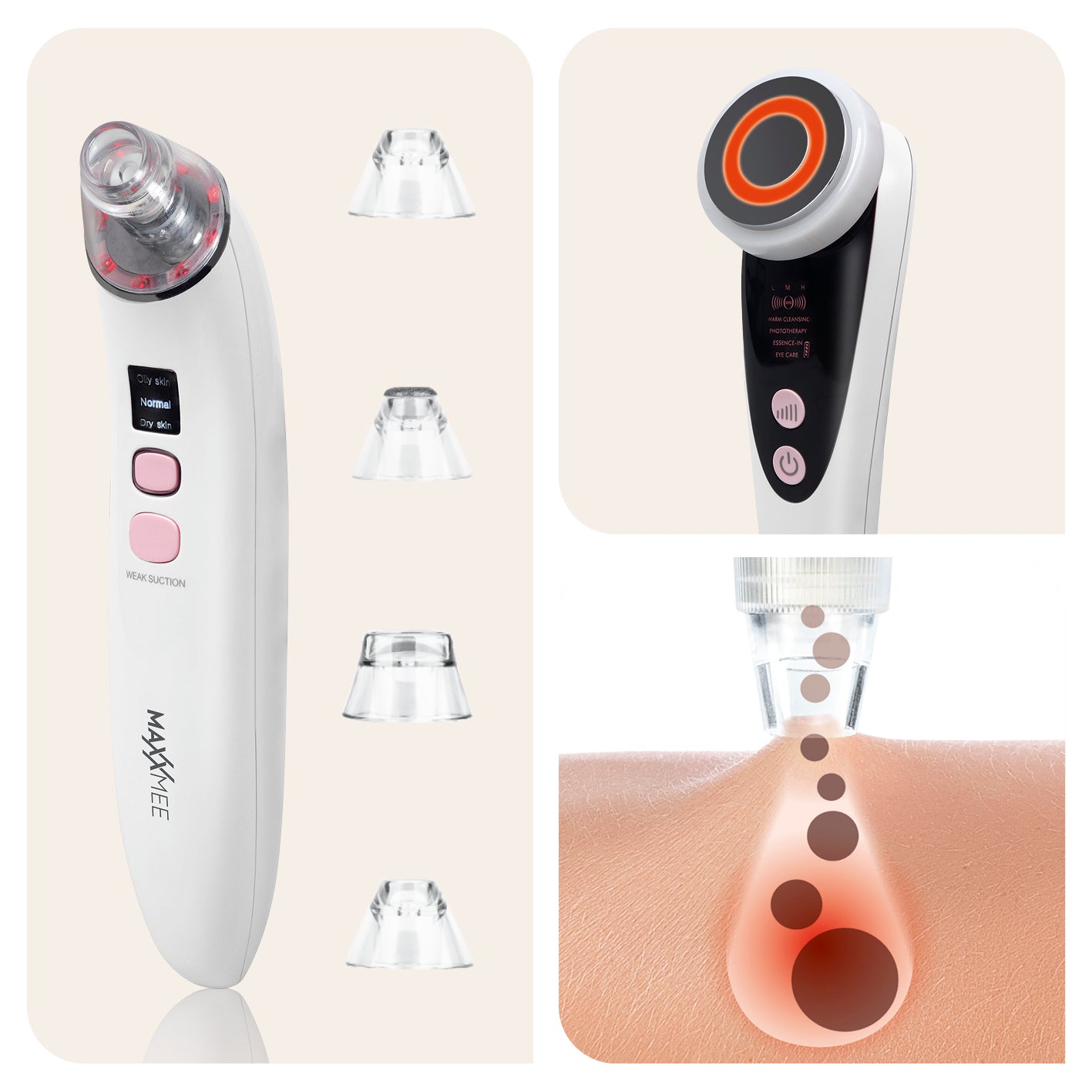 Gesichtspflege "Professional" mit 3 Modi - 2er-Set mit Porenreiniger, Gesichtsmassagegerät, 4 Aufsätzen und USB-Aufladung.