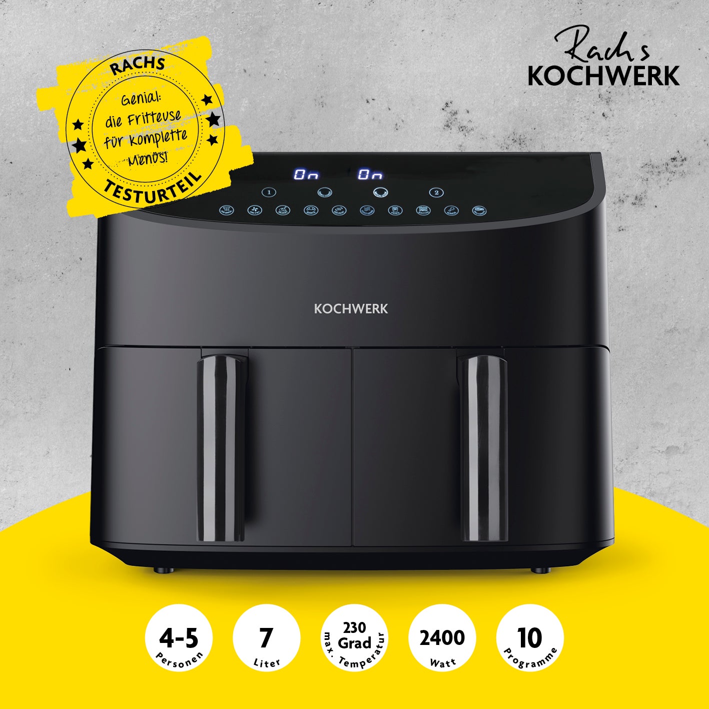 Heißluft-Fritteuse Doppelkorb 2x 3,5l von Kochwerk mit 10 Programmen, 7 Liter Volumen, 2400 Watt und 230 Grad Temperatur.