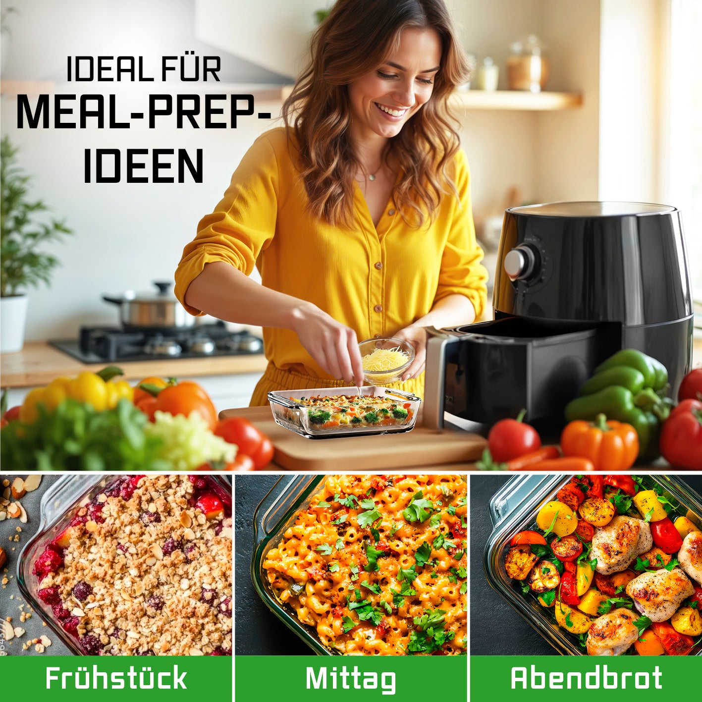 Glas-Auflaufform für Heißluftfritteuse & Backofen - 19 x 16 x 4,5 cm - 800 ml mit vielseitigen Mahlzeiten zubereitet in moderner Küche.