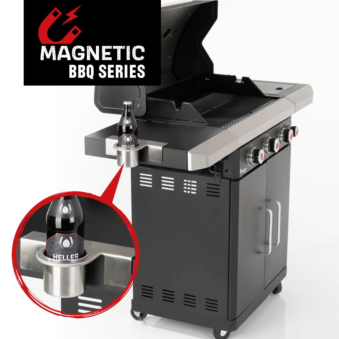 Magnet-Flaschenhalter für Grill aus Edelstahl mit starkem Magnet für 0,33 & 0,5 L Flaschen, flexibel und robust.