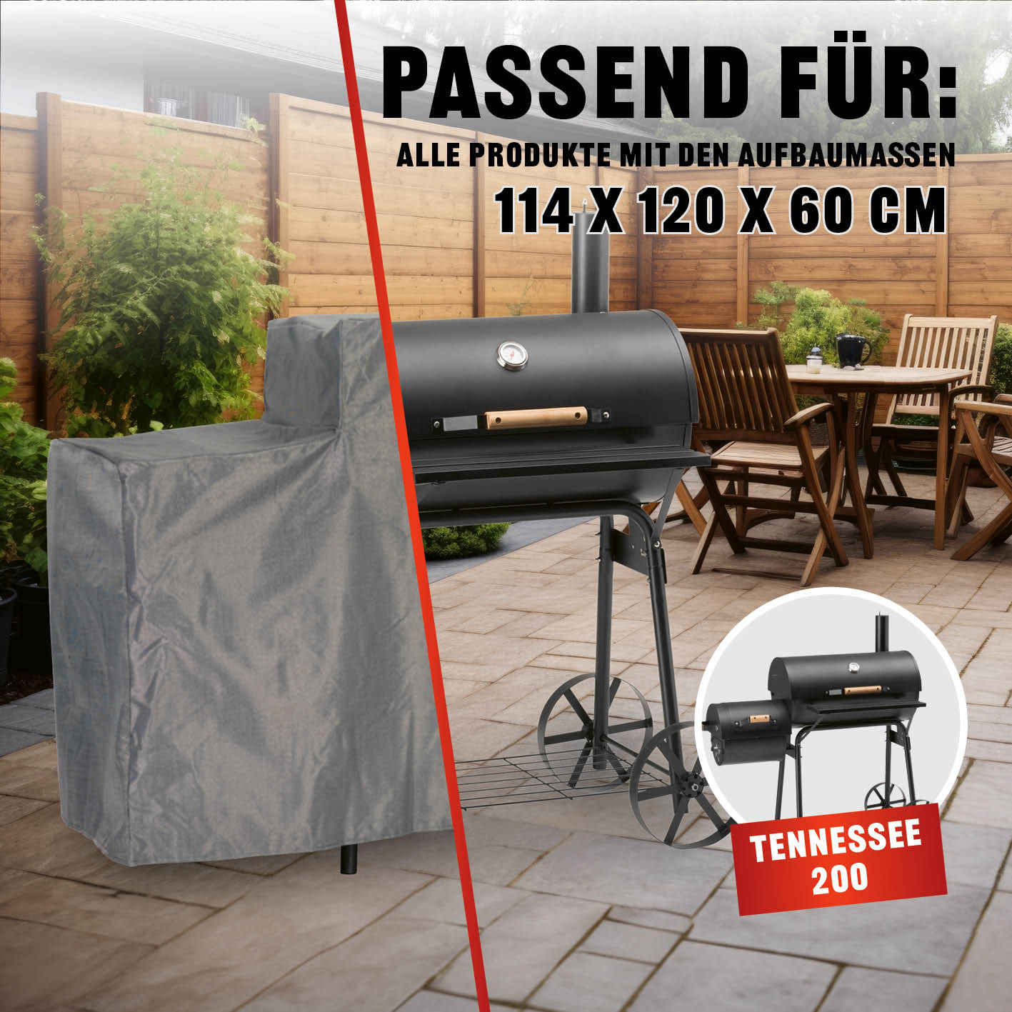 Wetterschutzhaube Premium - 130 x 60 x 120 cm - grau schützt Grill mit robustem, wasserdichtem Material und Belüftung vor Wetter.