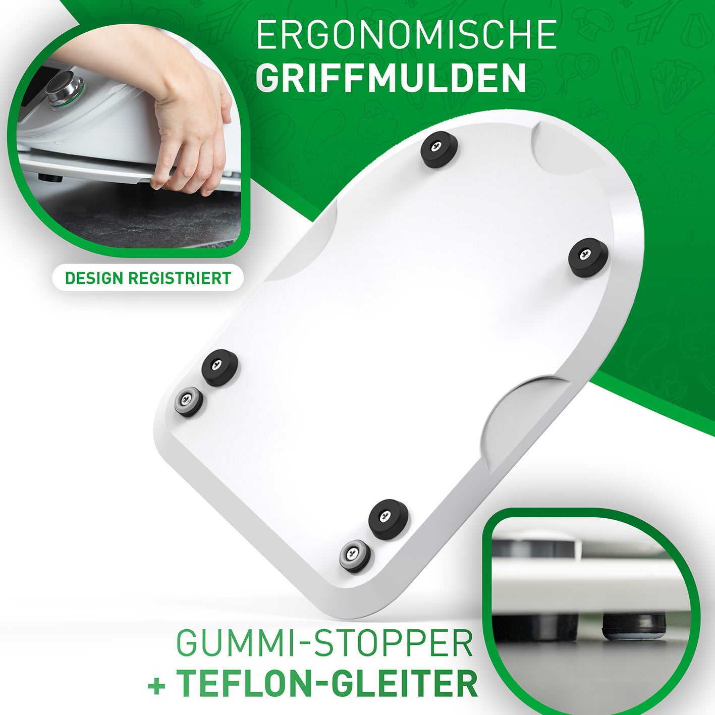 Gleitbrett für Thermomix mit ergonomischen Griffmulden, Gummi-Stoppern und Teflon-Gleitern für einfaches Verschieben.
