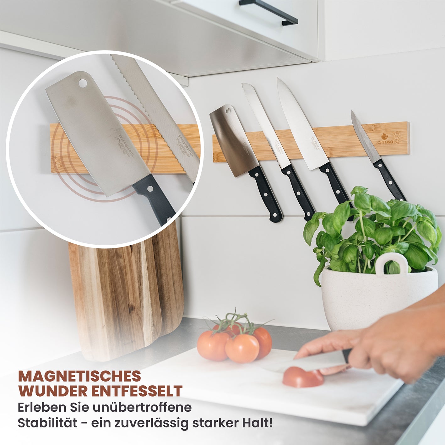 Messer-Magnetleiste - selbstklebend - Bambus - 40 cm mit starkem Magnet hält Messer und Werkzeuge sicher und stylish in der Küche.