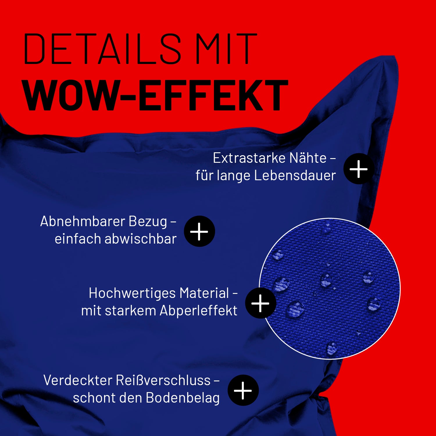 Sitzsack Classic XXL (380 L) Dunkelblau mit extrastarken Nähten, abnehmbarem Bezug, Abperleffekt und verdecktem Reißverschluss.