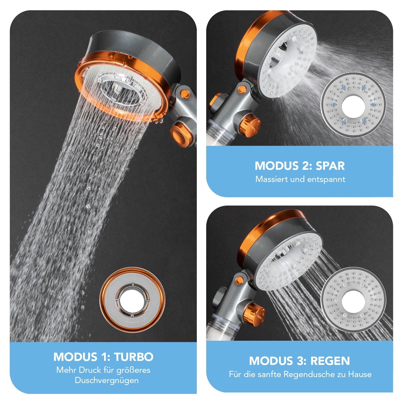 Duschkopf „Water-Control“ mit Spar- & Stopp-Funktion, 3 Strahl-Modi Turbo, Spa & Regen für effizientes Duschen.
