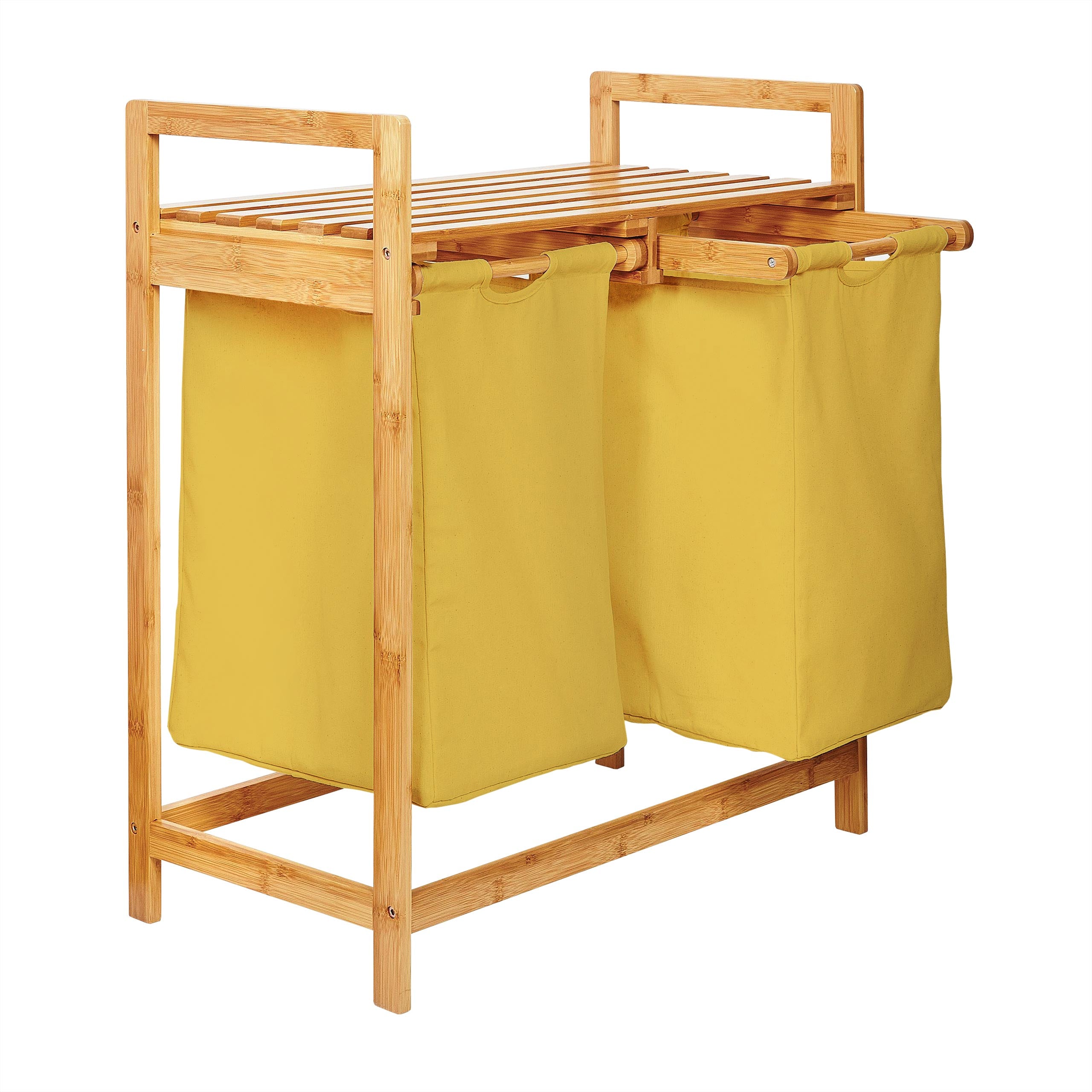 Bambus Wäschekorb mit 2 ausziehbaren Wäschesäcken in Gelb, 73 x 64 x 33 cm, wasserabweisend und pflegeleicht.