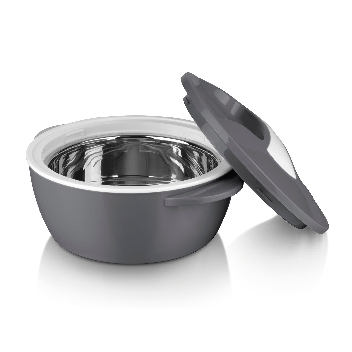 Thermo-Schüssel Mikrowelle - 1400 ml - grau/weiß mit doppelwandigem Edelstahl-Einsatz und praktischem Drehverschluss-Deckel.