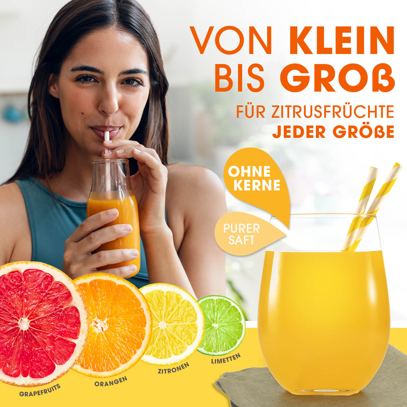 Manuelle Saftpresse - Silber, ideal für Zitrusfrüchte jeder Größe, liefert puren Saft ohne Kerne, mühelos und geräuschlos.
