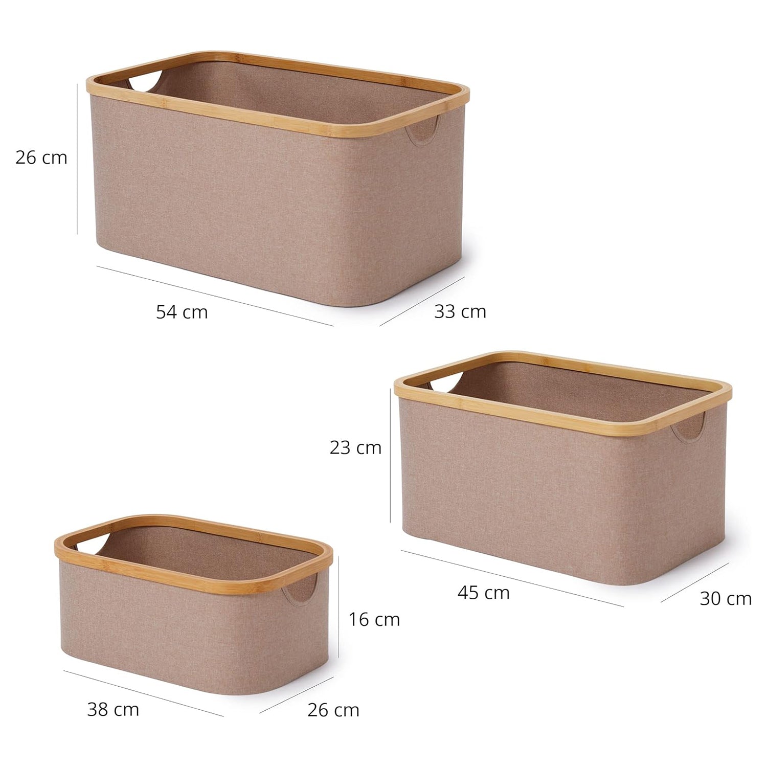 Aufbewahrungsboxen mit Bambus-Rahmen - 3er-Set - Taupe in verschiedenen Größen mit stabilem Rahmen von LUMALAND.
