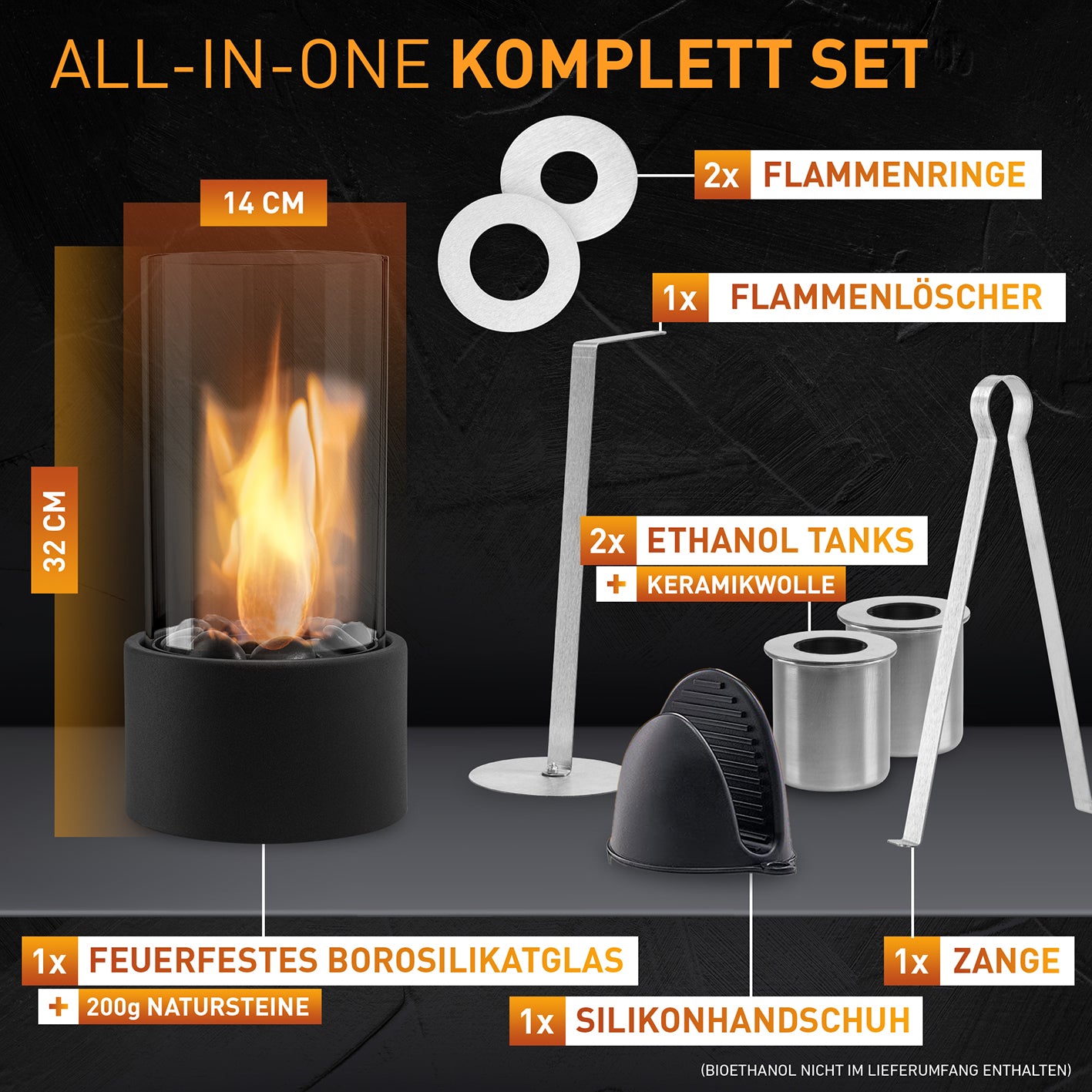 Indoor-Tischkamin - Schwarz mit Borosilikatglas, zwei Ethanol-Tanks und Flammenringen für gemütliche Wärme und modernes Design.