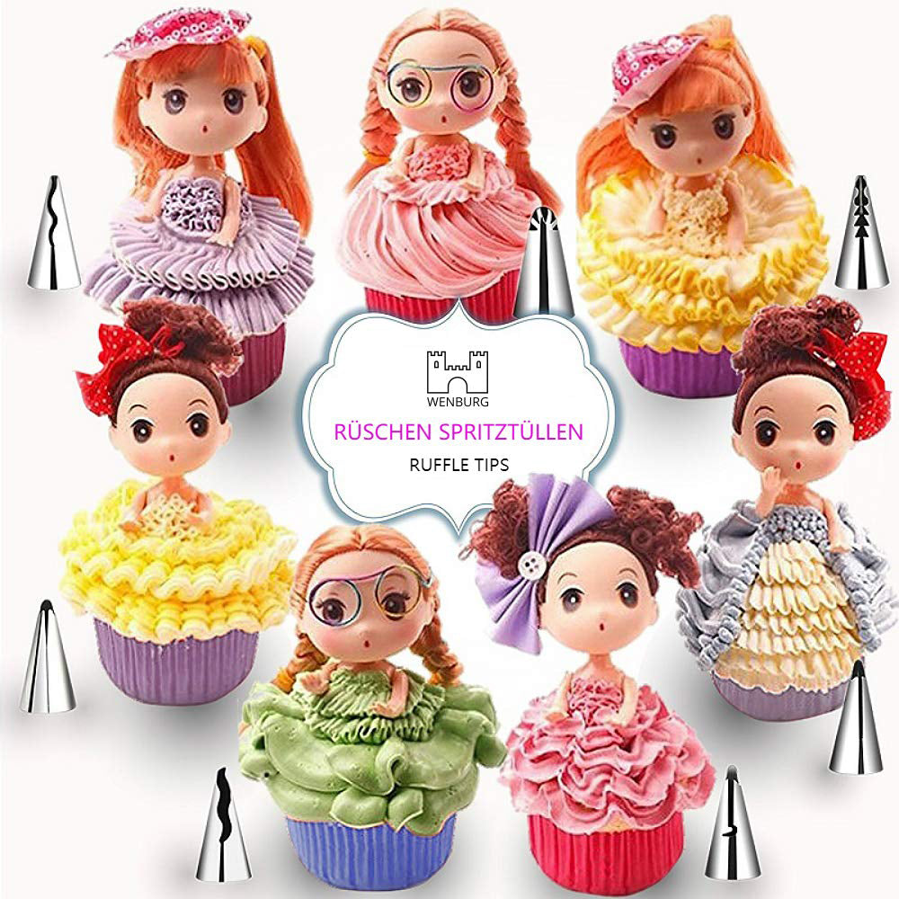 Spritzbeutel-Set mit Tüllen - 67-tlg. zeigt bunt verzierte Cupcakes mit verschiedenen dekorativen Spritztüllen.