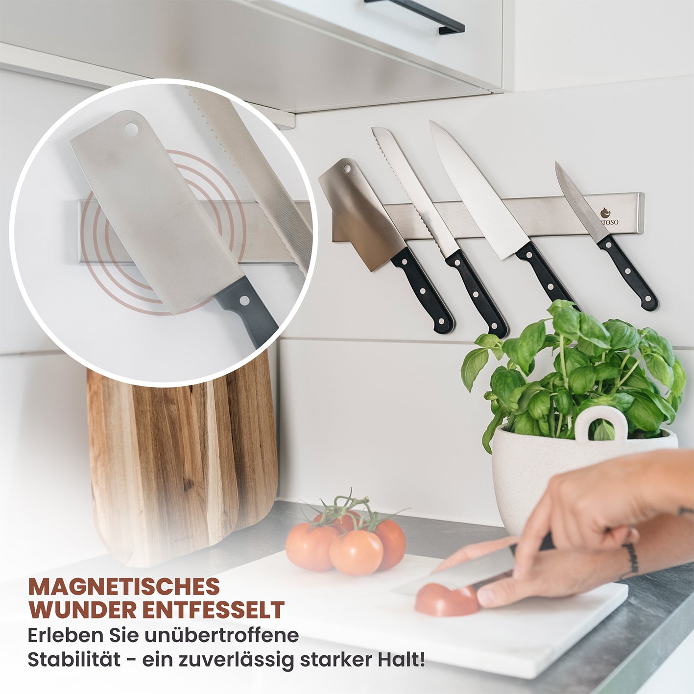 Edelstahl Magnetleiste für Messer - selbstklebend, starke Haftung, sichere Aufbewahrung von Messern in moderner Küche.