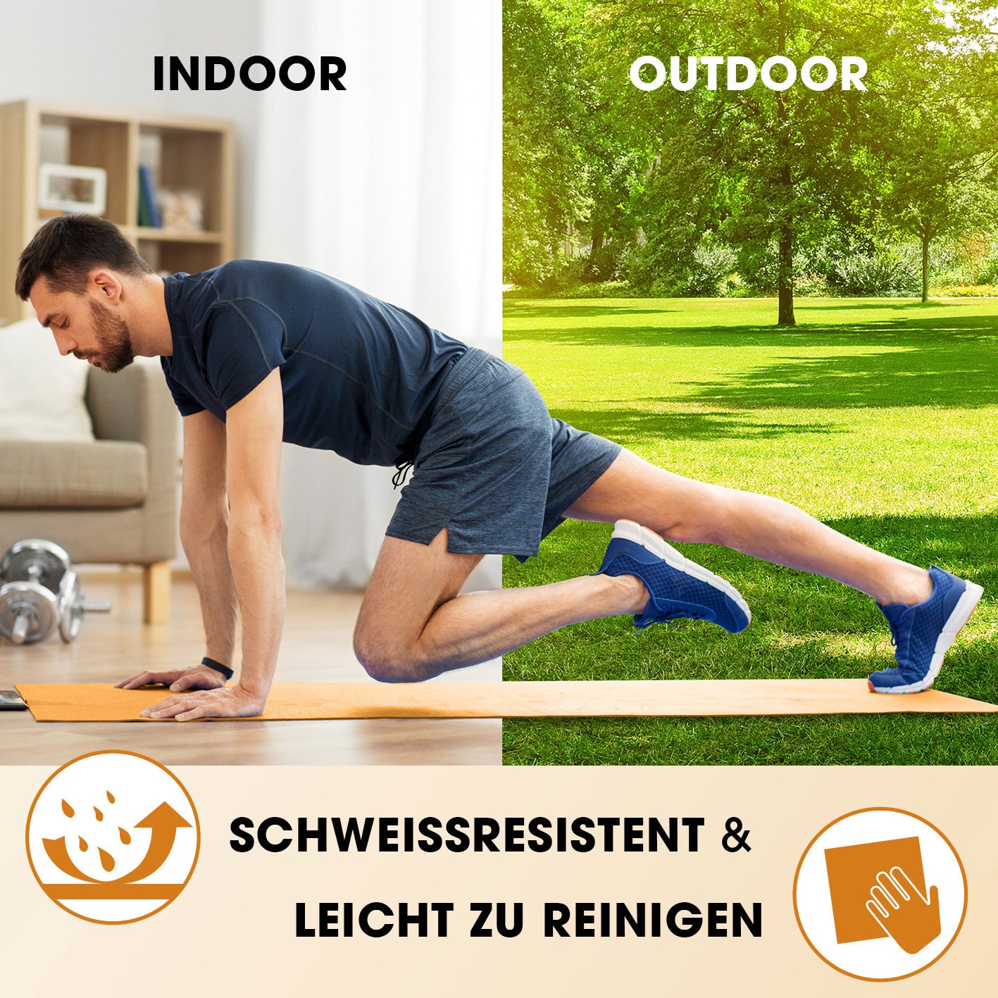 Fitness- und Gymnastikmatte - 183 x 61 x 1,5 cm - Orange, rutschfest, robust, für Indoor und Outdoor, leicht zu reinigen, mit Tragegurt.