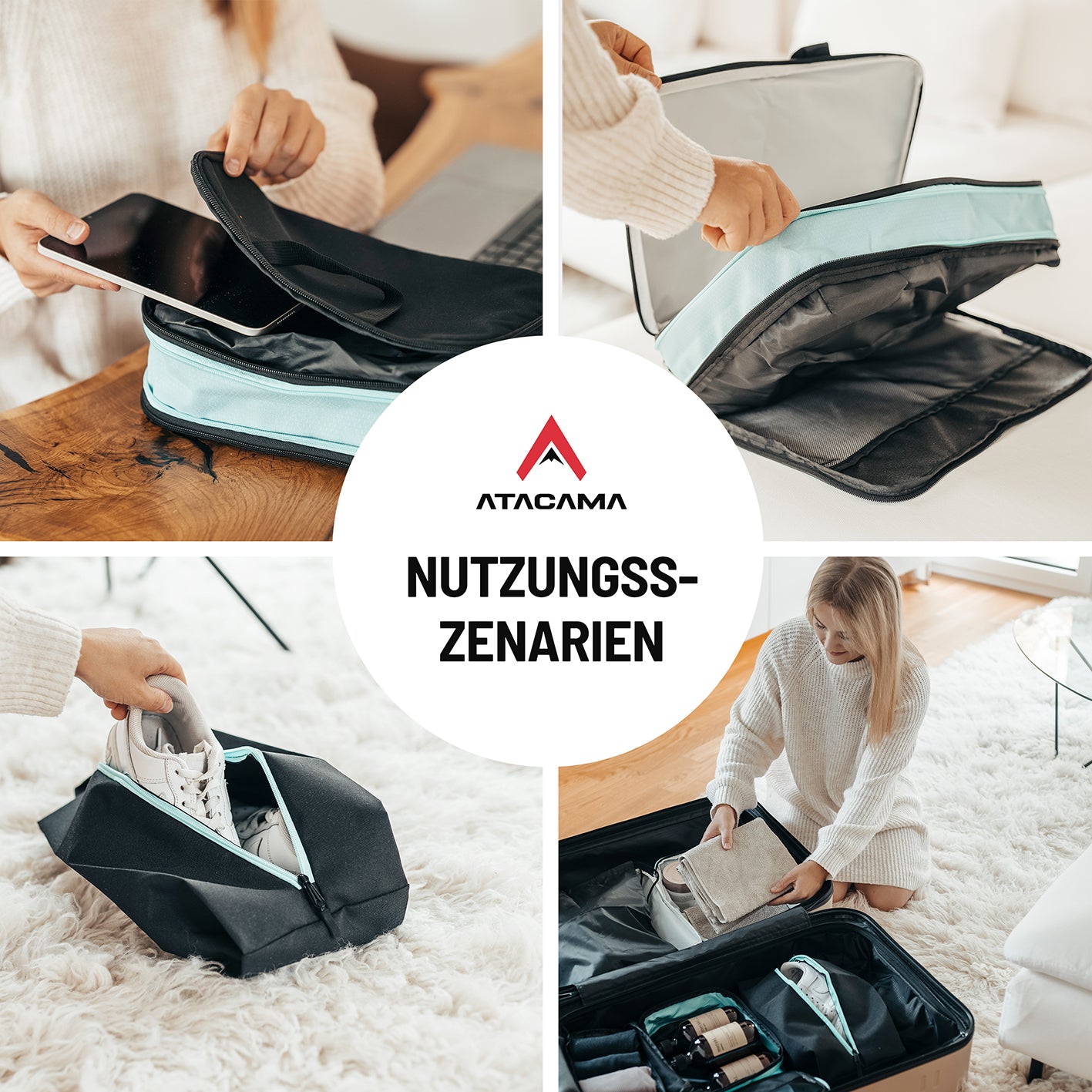 Kompressions-Packwürfel-Set / 4er-Set - Schwarz-Türkis mit Schmutzwäschefach, ideal für Reisen, Rucksack und Geschäftsreisen.