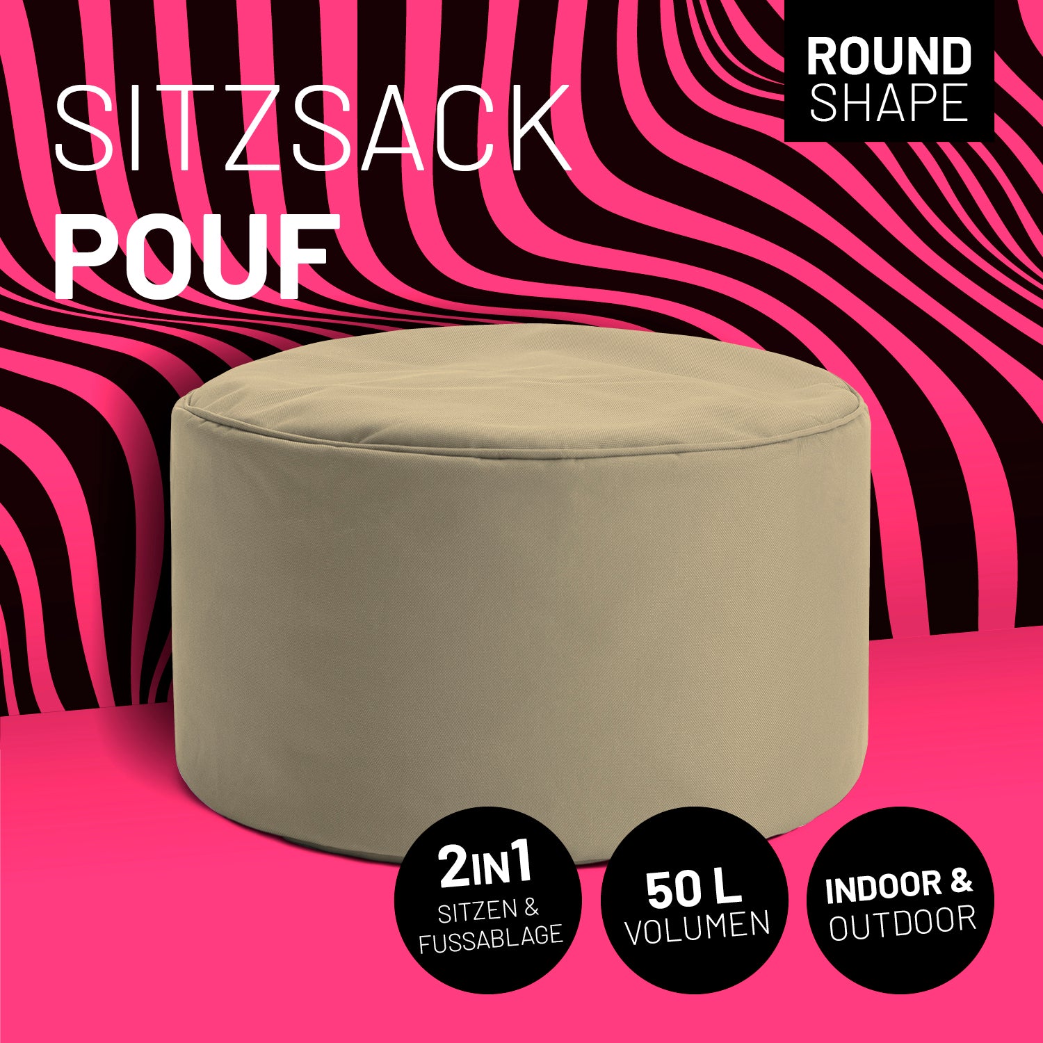 Sitzsack-Hocker/Pouf (50 L) - indoor & outdoor, beige, rund, vielseitig als Sitzhocker und Fußschemel nutzbar, pflegeleicht und langlebig.