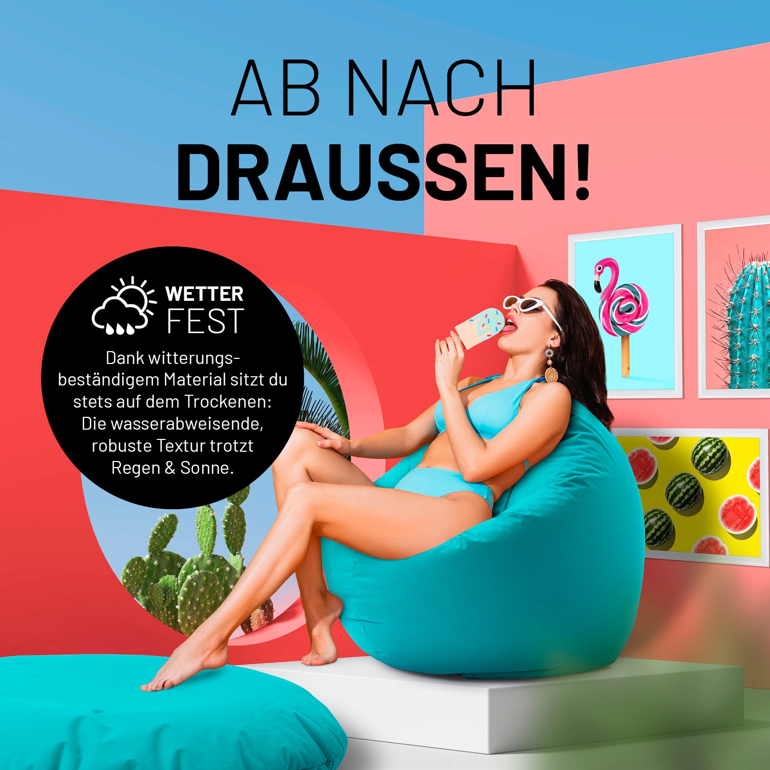 Sitzsack Drops (300 L) in Aquamarin, wetterfest, robust, komfortabel für innen und außen, leicht zu reinigen, mit verstecktem Reißverschluss.