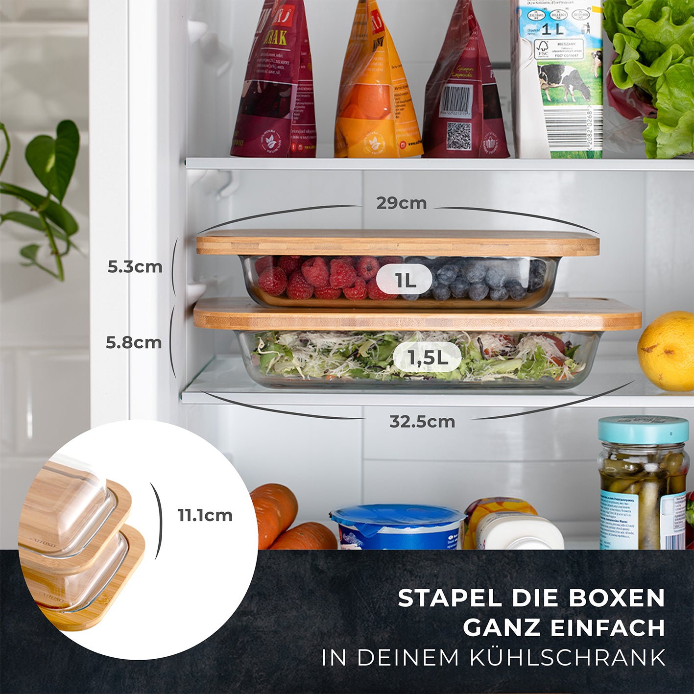 Multifunktionsbrett mit Glaskuppel - 2er Set, stapelbare, plastikfreie Glas-Frischhalteboxen mit Bambusdeckel für nachhaltige Aufbewahrung.