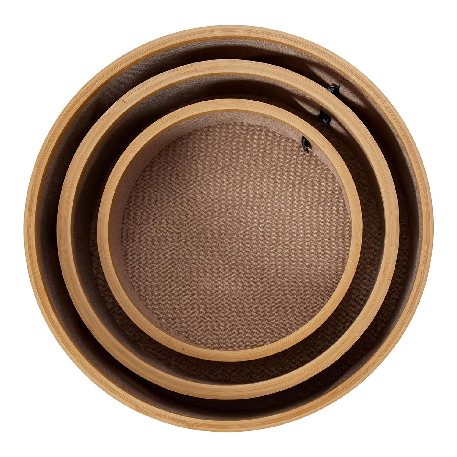 Bambus-Rahmen Aufbewahrungsbox rund - 3er-Set - Taupe, stapelbare runde Boxen mit Bambusrahmen in drei Größen.