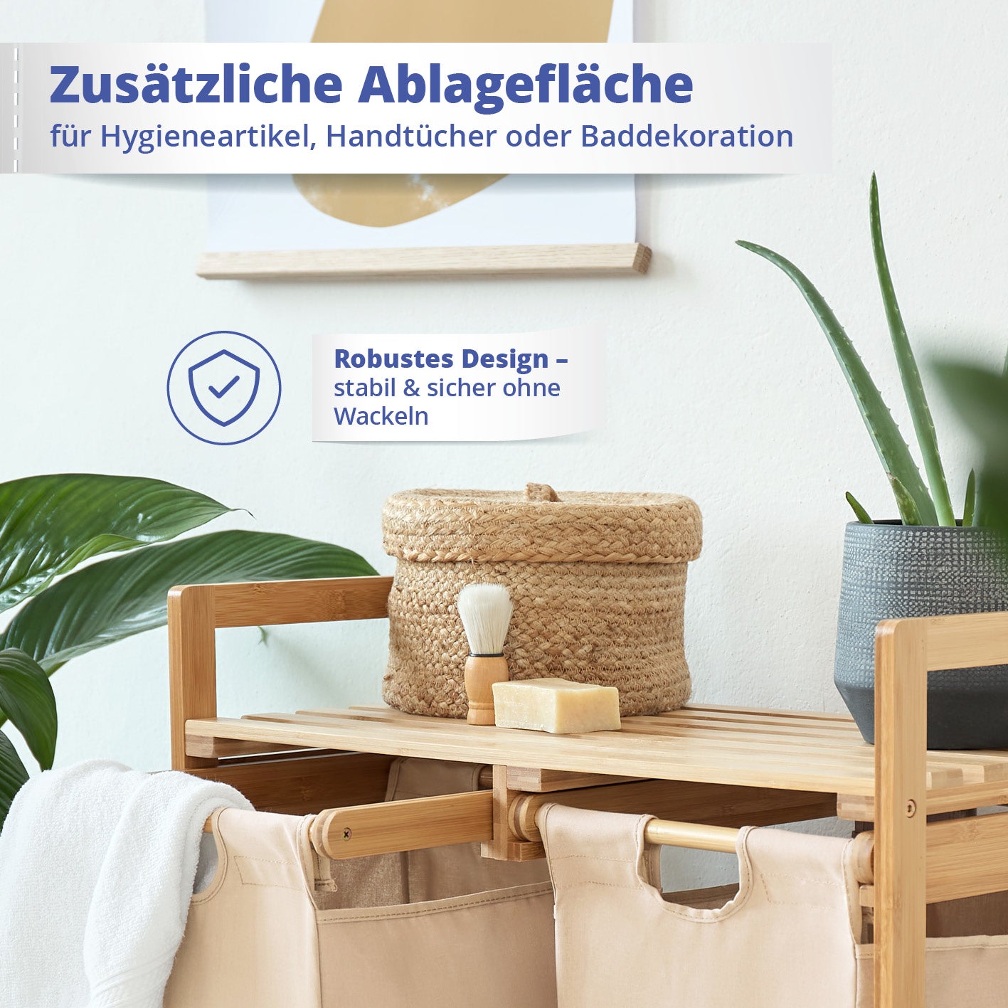 Bambus Wäschekorb mit 2 ausziehbaren Wäschesäcken 73x64x33 cm beige, praktische Ablage für Handtücher und Hygieneartikel.