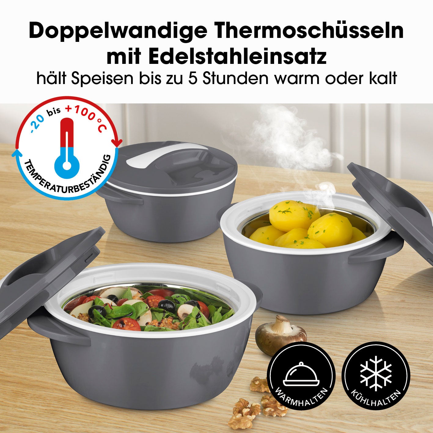Thermo-Schüssel Mikrowelle 3er-Set grau/weiß, doppelwandig mit Edelstahleinsatz, hält Speisen bis zu 5 Stunden warm oder kalt.