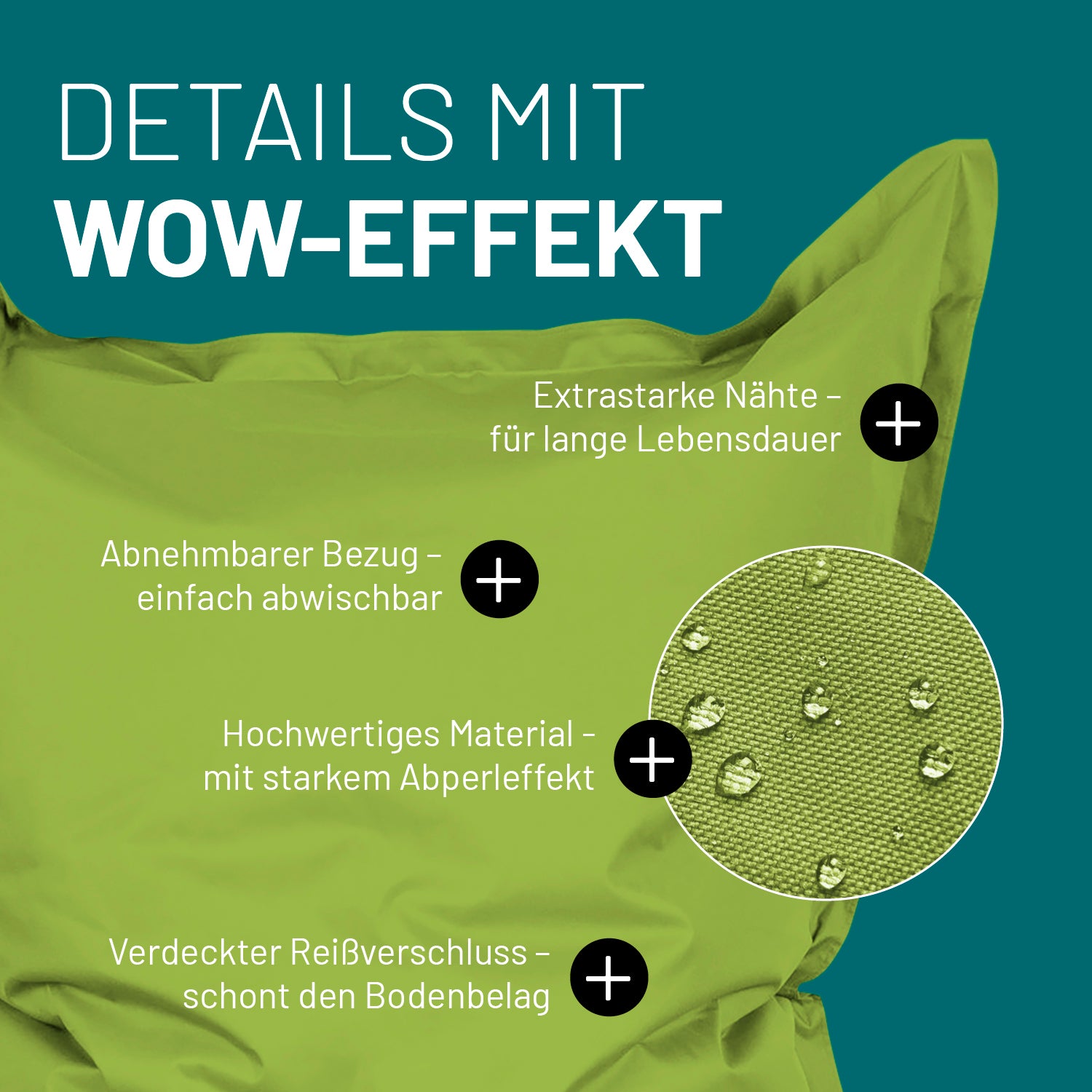 Sitzsack Classic XXL (380 L) Grün mit abnehmbarem Bezug, starkem Abperleffekt, extrastarken Nähten und verdecktem Reißverschluss.
