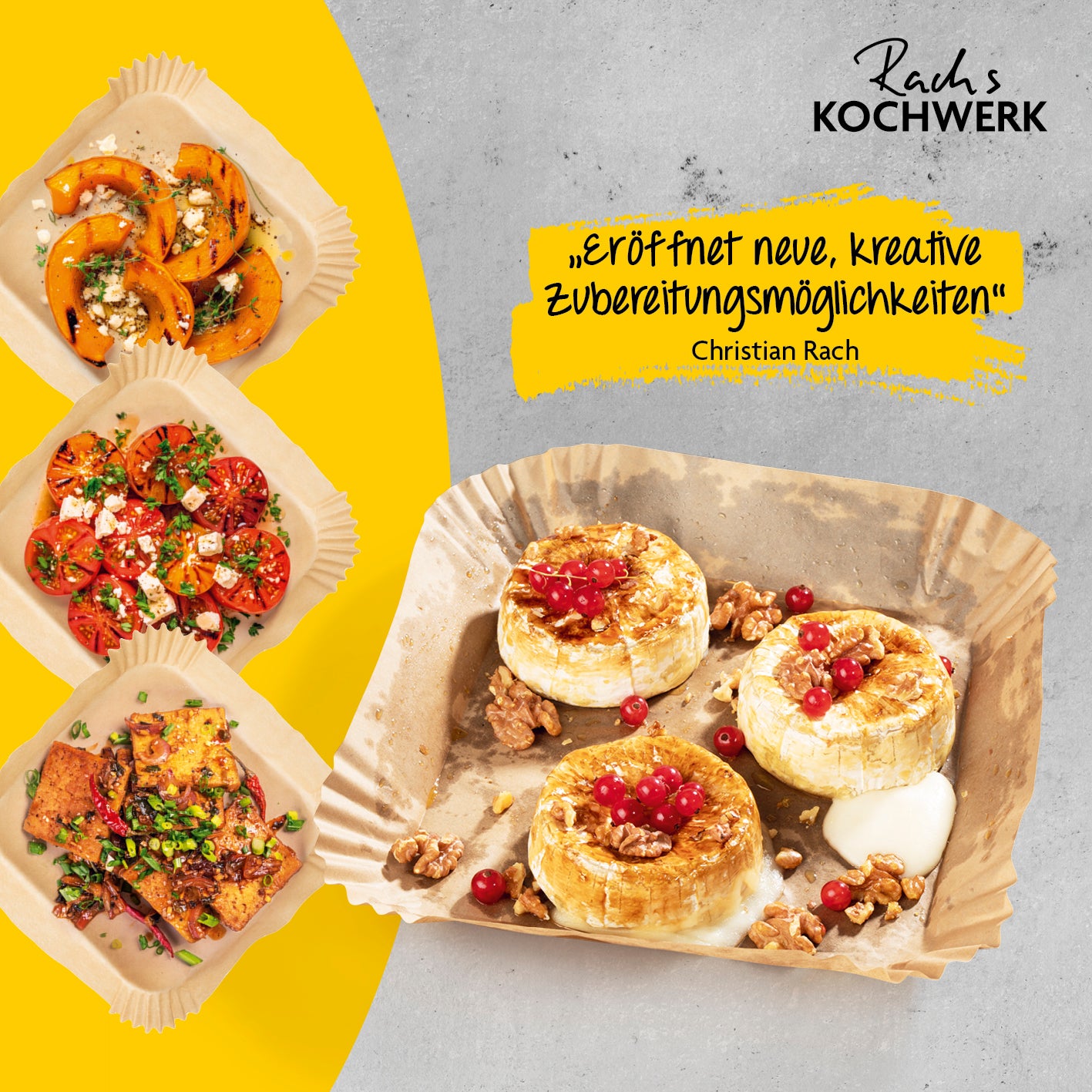 Backpapierschalen für Heißluftfritteusen (2–5 l) mit 2 Rezeptideen, hitzebeständig, antihaftbeschichtet, 50 Stück à 16 x 16 x 4,5 cm.