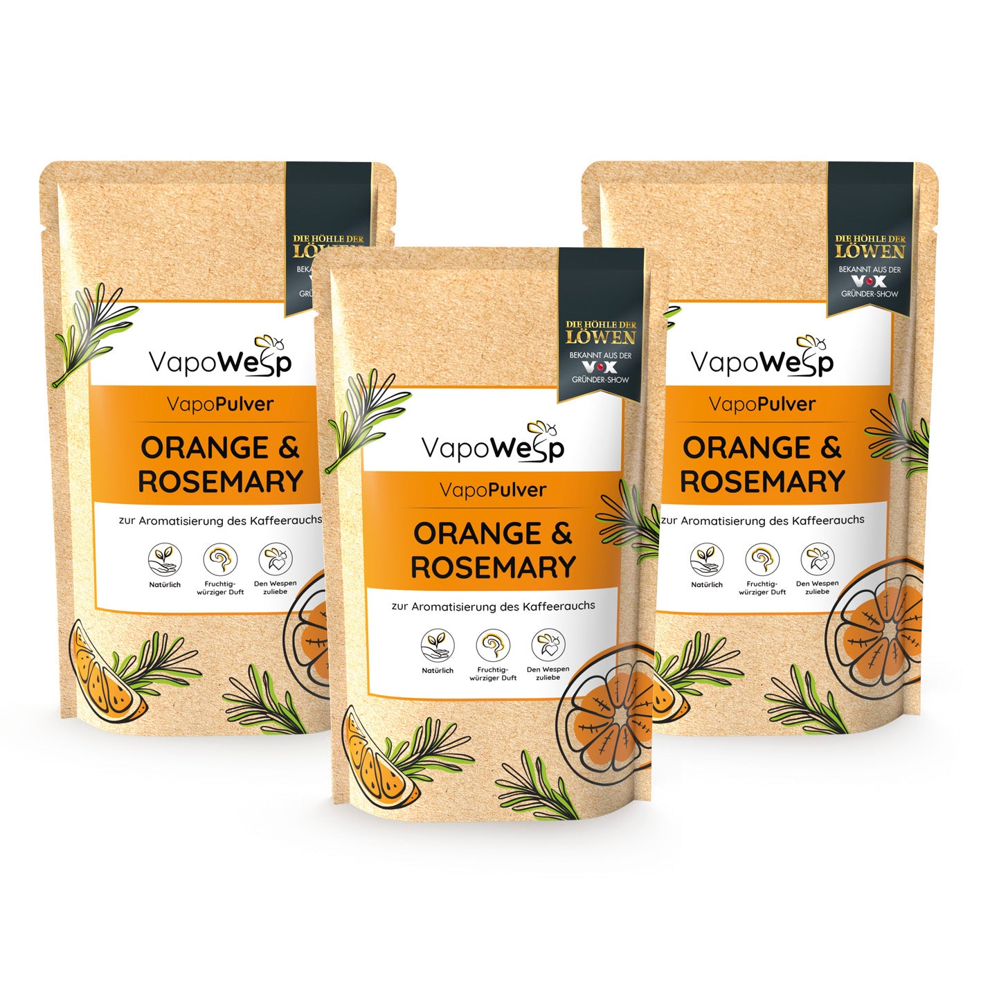 Pulver 3er-Set Orange & Rosemary (3x je 100 g) – aromatisches VapoWesp VapoPulver für Kaffeeduft mit Orange und Rosmarin.