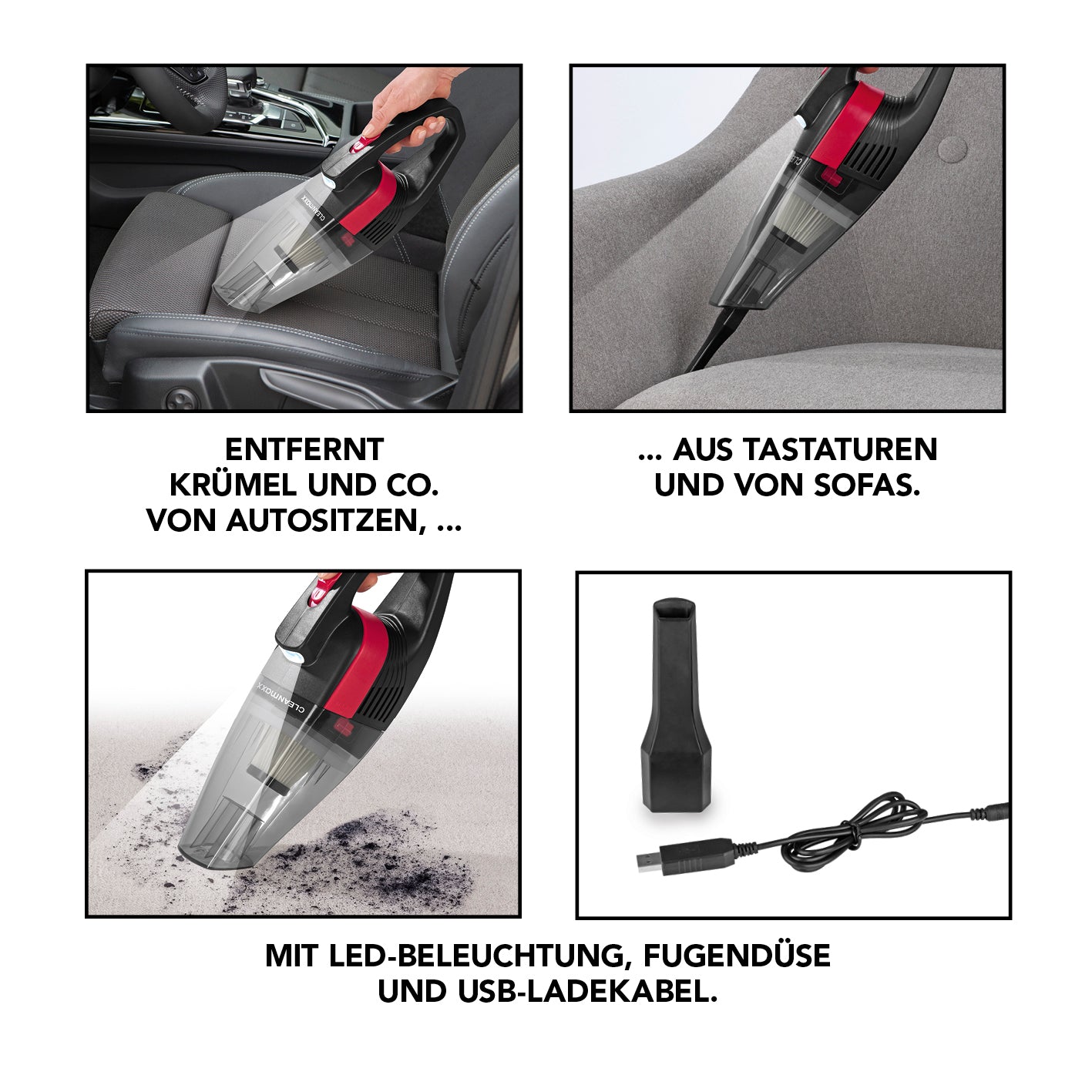 Akku-Handstaubsauger - grau/rot mit LED-Beleuchtung, Fugendüse, USB-Ladekabel, kompakt, beutel- und kabellos für Auto und Sofa.