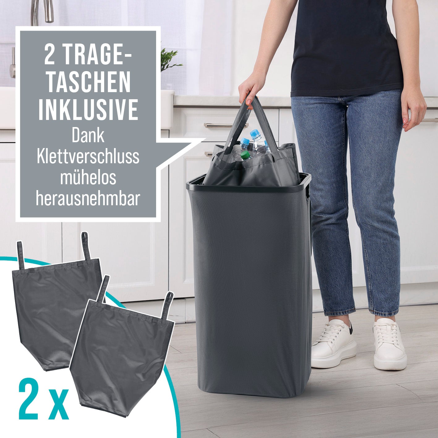 Pfandflaschen-Sammelbehälter - Anthrazit mit 2 abnehmbaren, wasserabweisenden Taschen und praktischem Tragegriff für leichten Transport.
