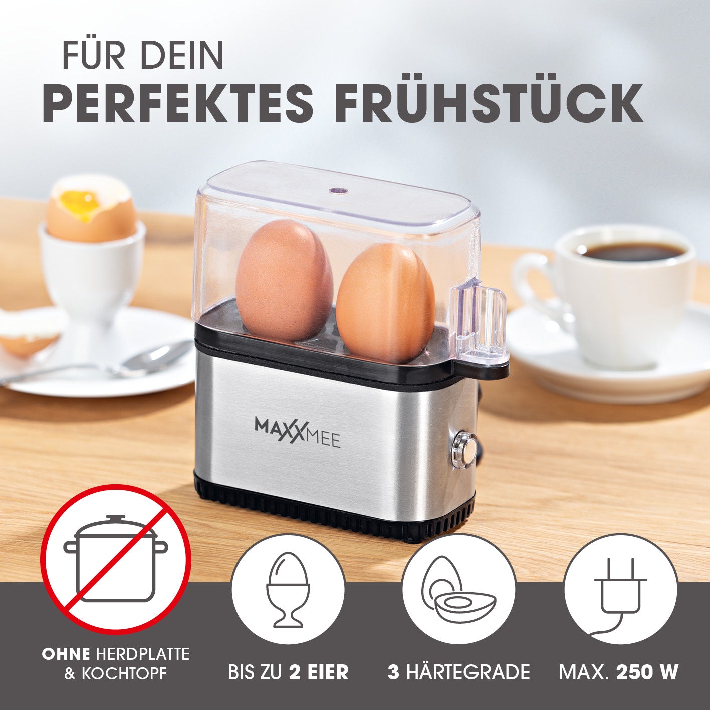 Eierkocher Kompakt 2.0 – platzsparendes Design für bis zu 2 Frühstückseier mit einfacher Bedienung und BPA-freier Abdeckhaube.