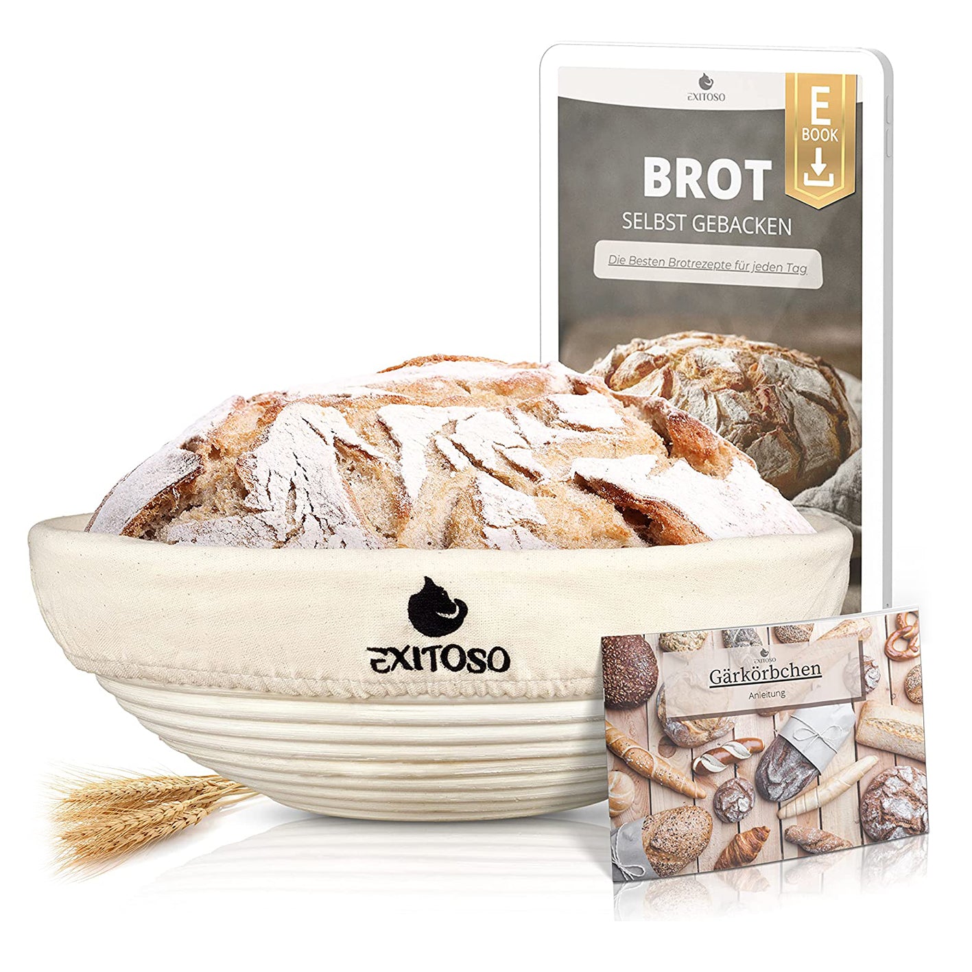 Gärkörbchen zum Brotbacken - Ø 25cm mit frischem Brot, Leineneinsatz und E-Book für selbst gebackenes Brot.