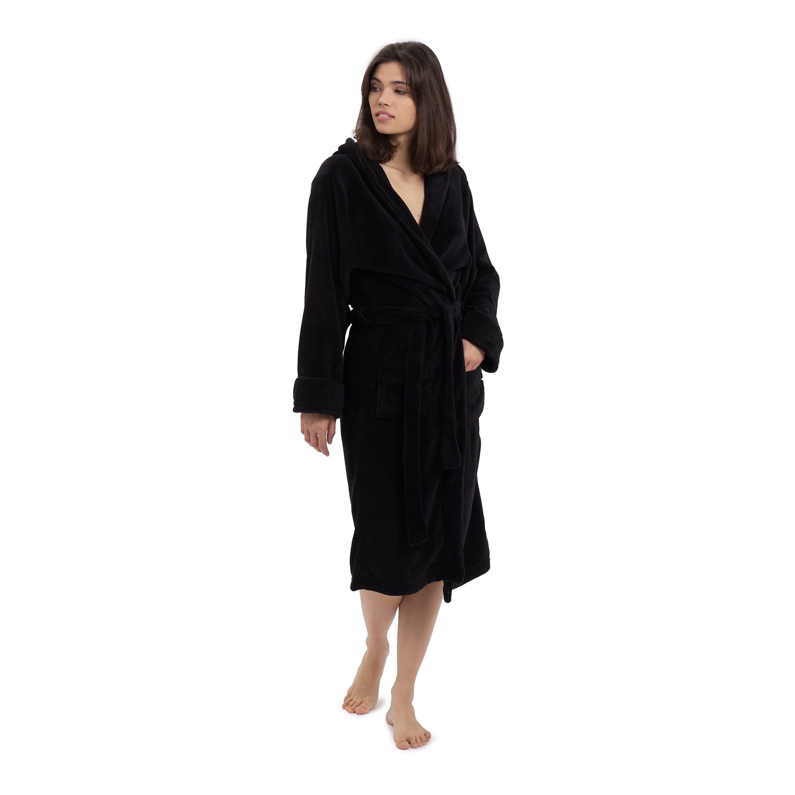 Luxury Mikrofaser Bademantel mit Kapuze für Damen und Herren - Schwarz - Größe M