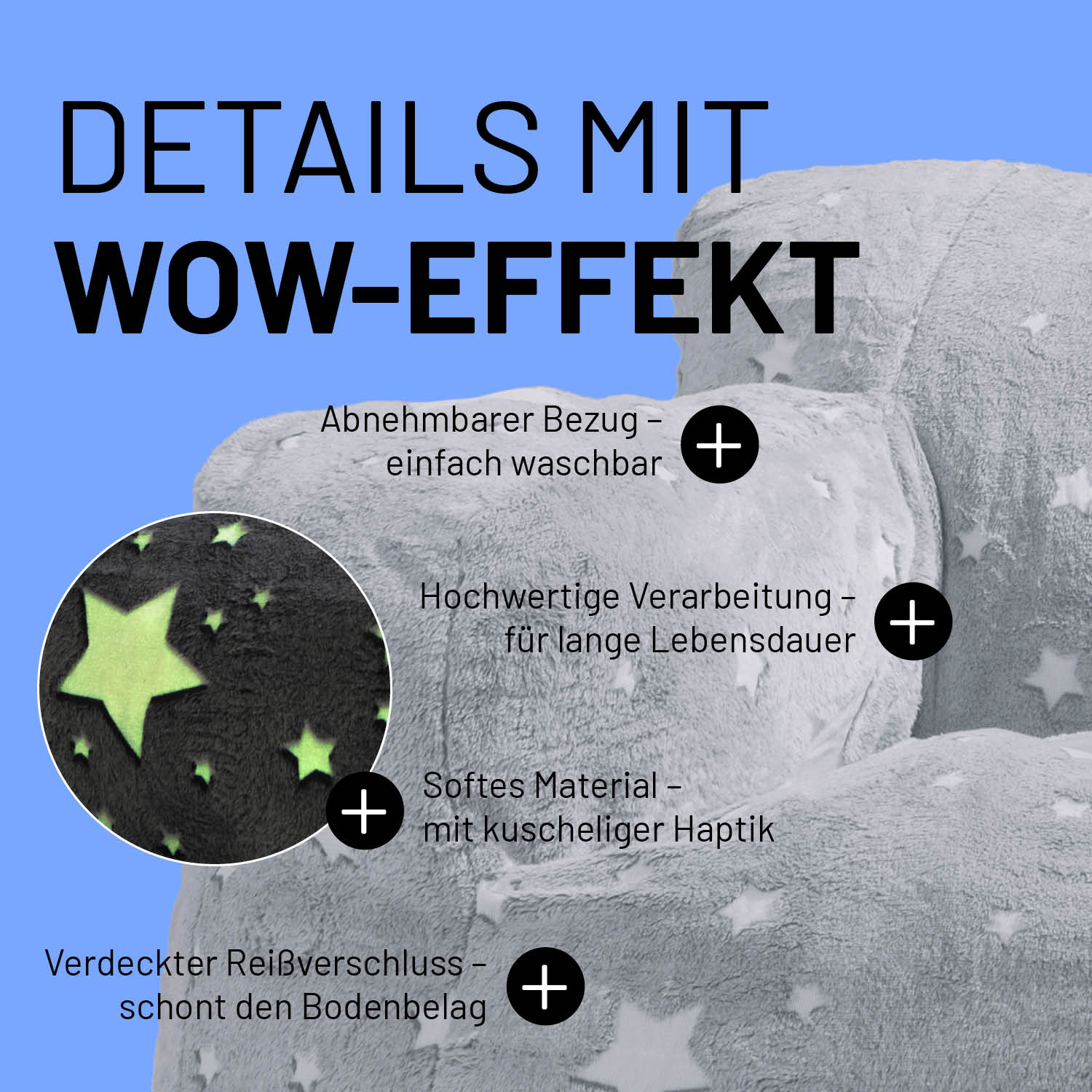 Sessel „Glow in the Dark“ - Grau mit abnehmbarem Bezug, weichem Material, verstecktem Reißverschluss und leuchtendem Sternendesign im Dunkeln.