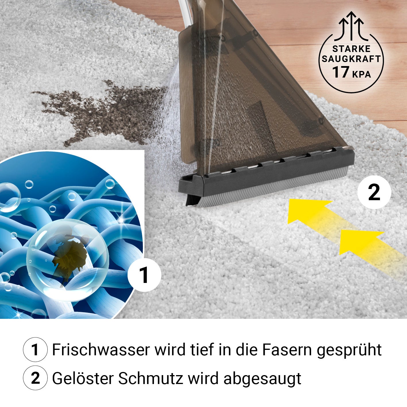 Sprüh- und Waschsauger Power Clean entfernt tief sitzenden Schmutz aus Teppichen durch Sprühen und Absaugen mit starker Saugleistung.