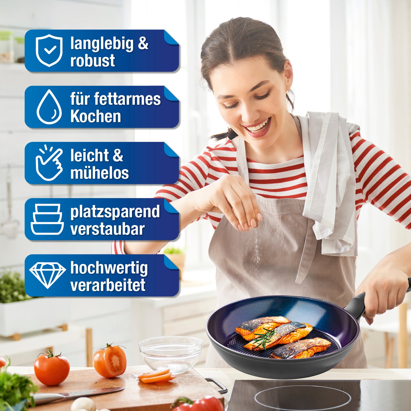 Koch- und Bratset von BRATmaxx mit antihaftbeschichteter Pfanne für fettarmes, leichtes Kochen und platzsparende Aufbewahrung.