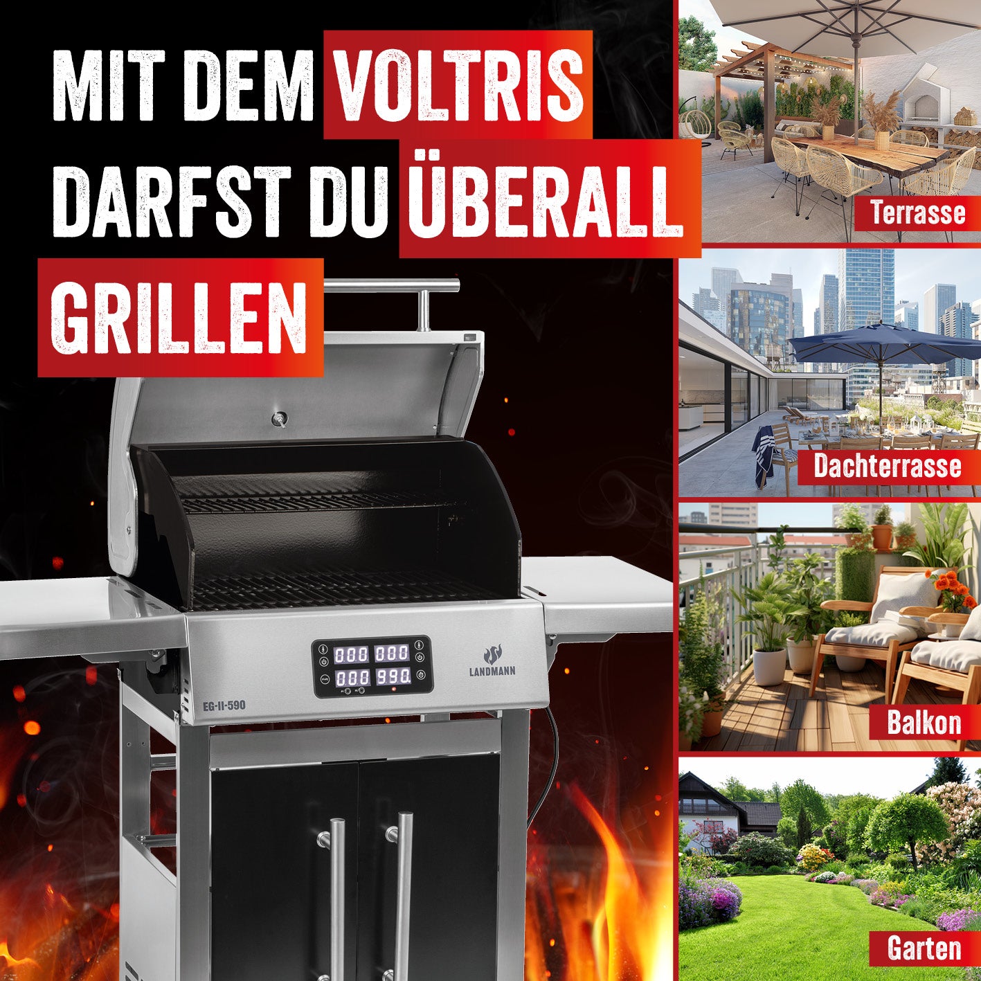 VOLTRIS Elektro-Grillwagen - Edelstahl mit 2 Grillzonen und Thermometern, ideal für Terrasse, Dachterrasse, Balkon und Garten.