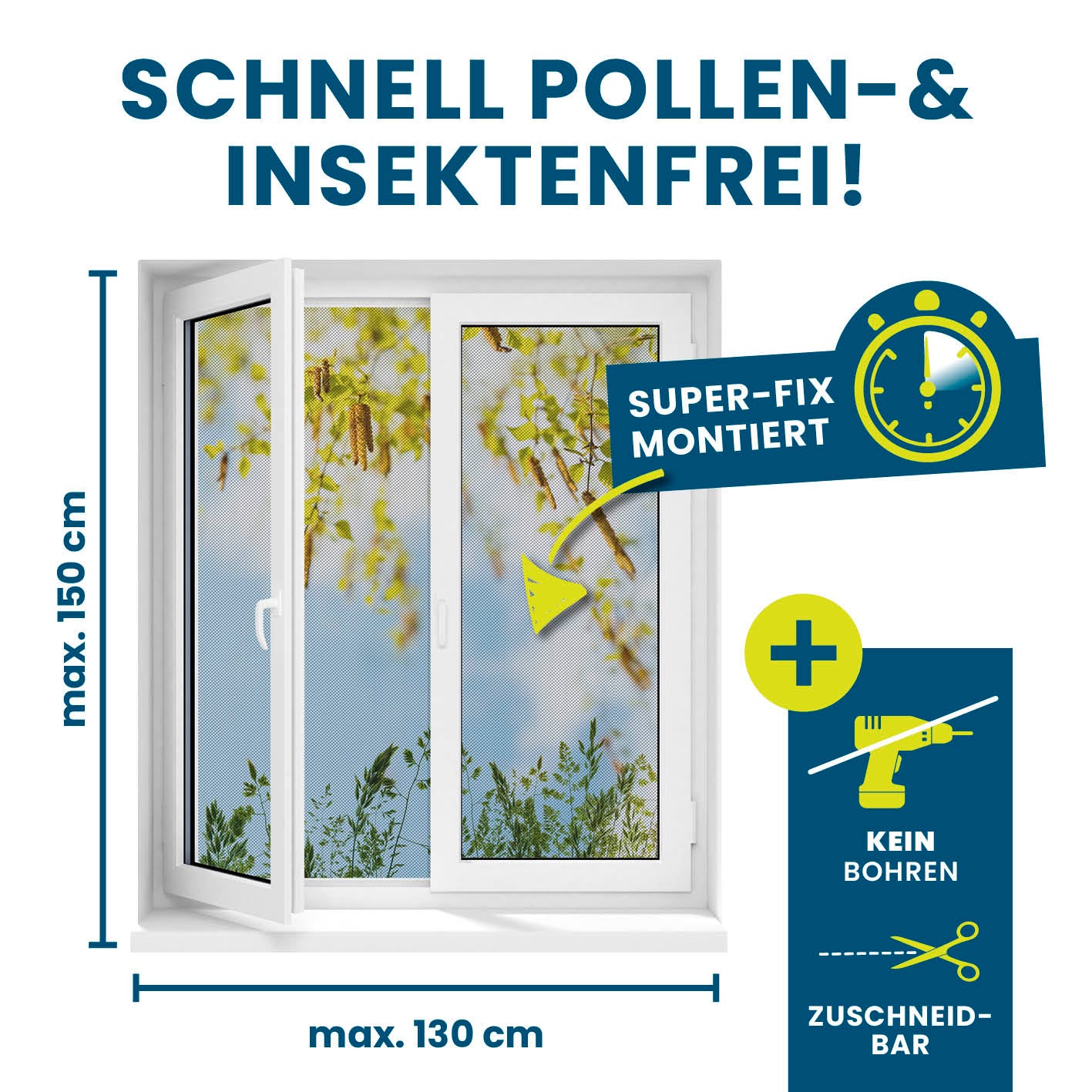 Insekten- & Pollenschutzgitter mit Magnetbefestigung - 2er-Set für pollen- und insektensicheren Schutz ohne Bohren, zuschneidbar, max. 150x130 cm.