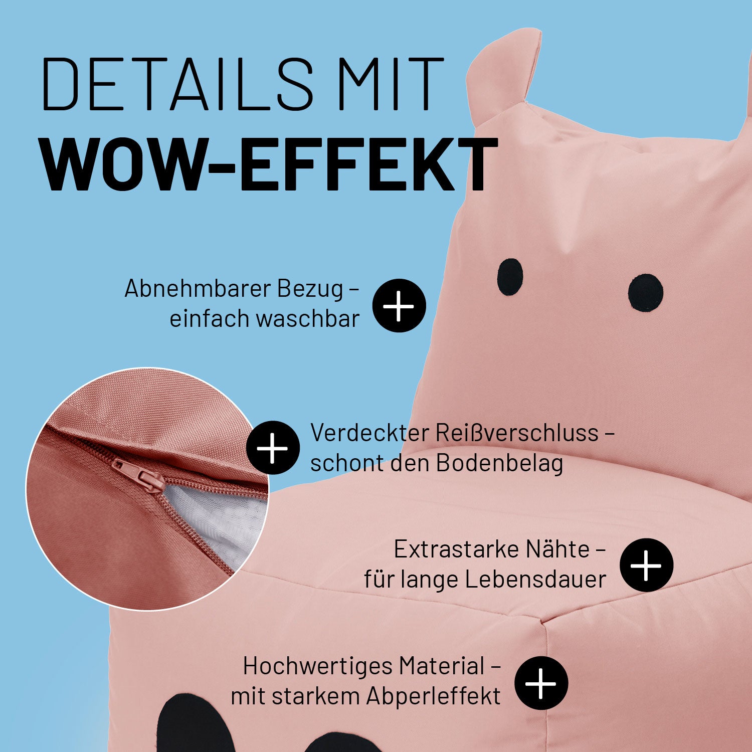 Kindersitzsack Animal Line Hippo (200 L) Pastell Pink mit abnehmbarem, waschbarem Bezug und verdecktem Reißverschluss, wasserabweisend und robust.
