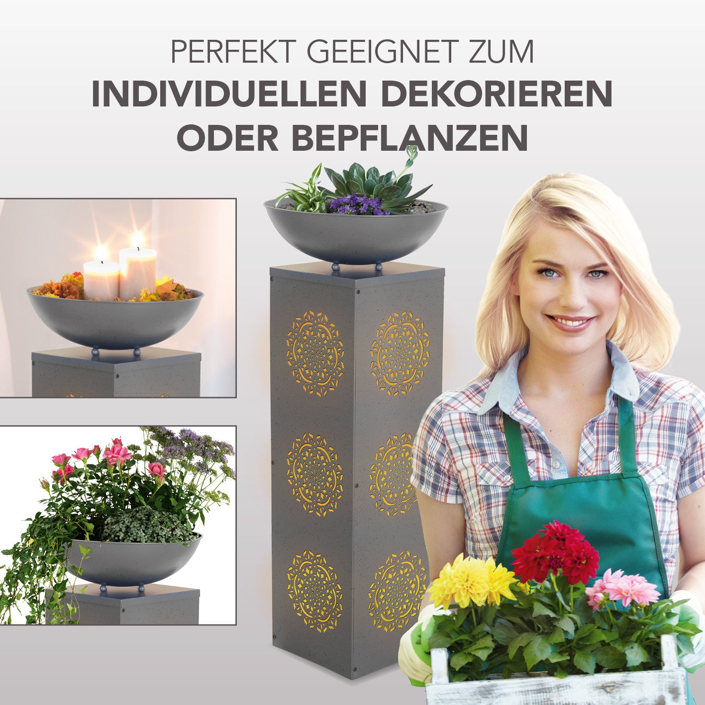 LED-Dekosäule Beton-Optik mit Pflanzschale Mandala 87 cm Grau mit LED-Beleuchtung, ideal zum Dekorieren und Bepflanzen.