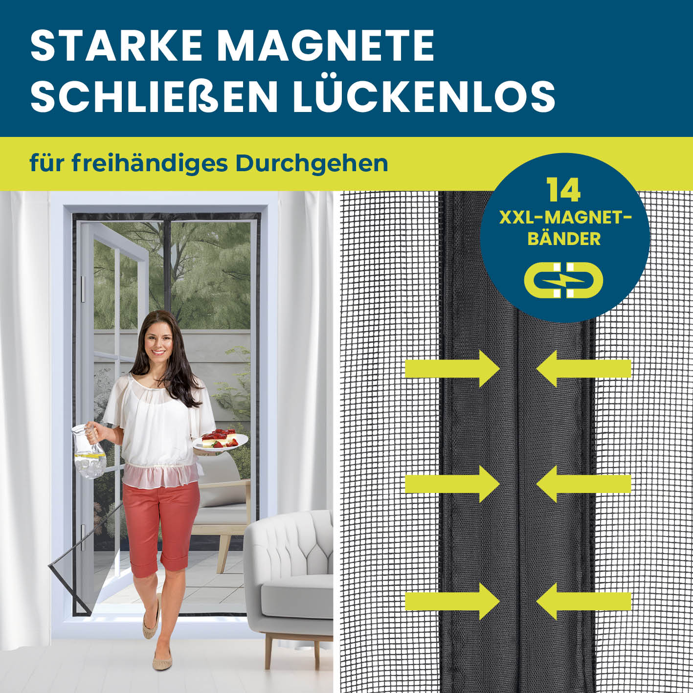 Insektenschutzvorhang - mit XXL-Magnetbändern - 100 x 210 cm mit 14 Magnetstreifen für lückenlosen Schutz vor Insekten.