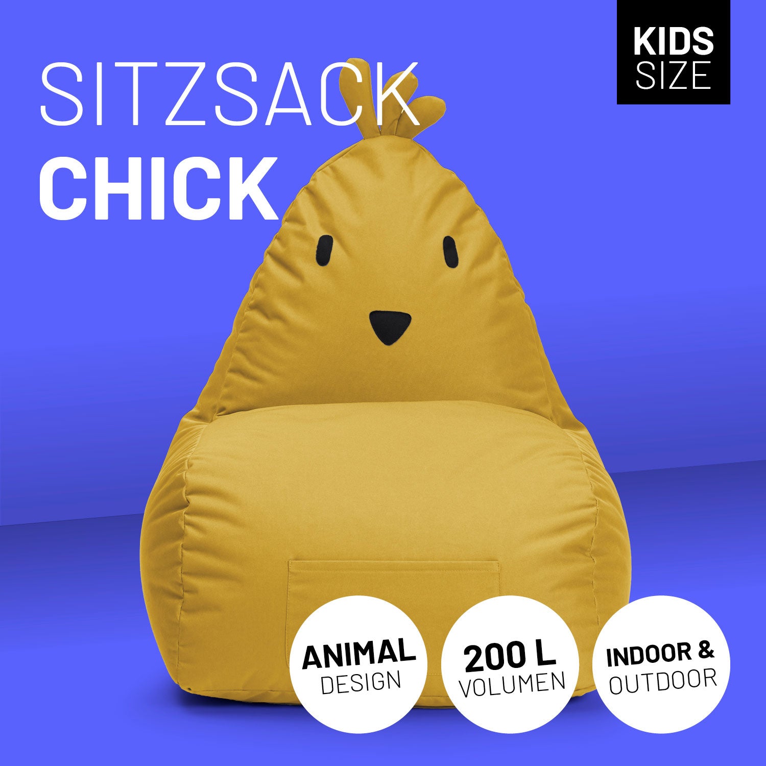 Kindersitzsack Animal Line Chick (200 L) in Senfgelb, wasserabweisend, weich, robust, für drinnen und draußen geeignet.