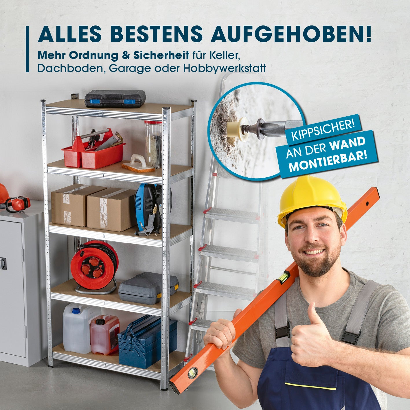 Schwerlastregal & Werkbank mit GS, 180x90x40 cm, stabiles Lagerregal mit 5 MDF-Böden, bis 175 kg Tragkraft je Regalboden, wandmontierbar.