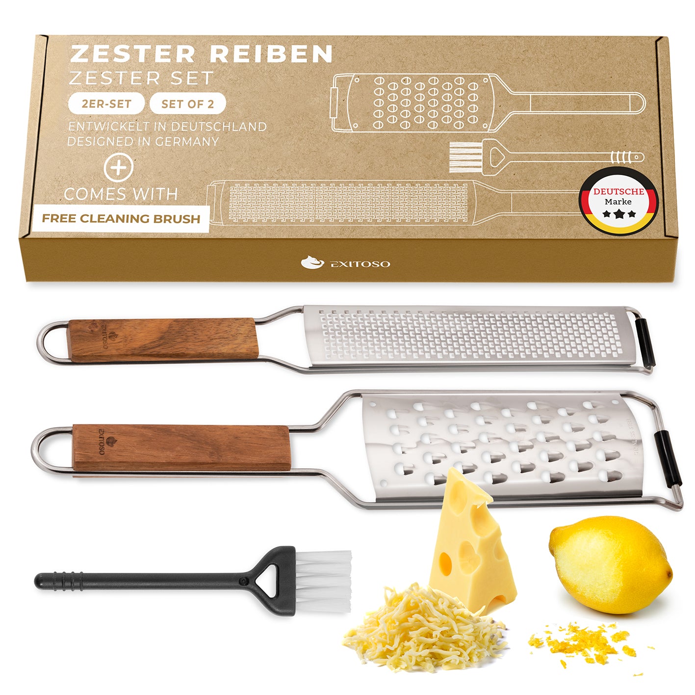 Küchenreibe 2in1 Set - Edelstahl mit Holzgriff, scharfe Klingen, rutschfester Griff, multifunktional für Käse, Zitrone & Gewürze.