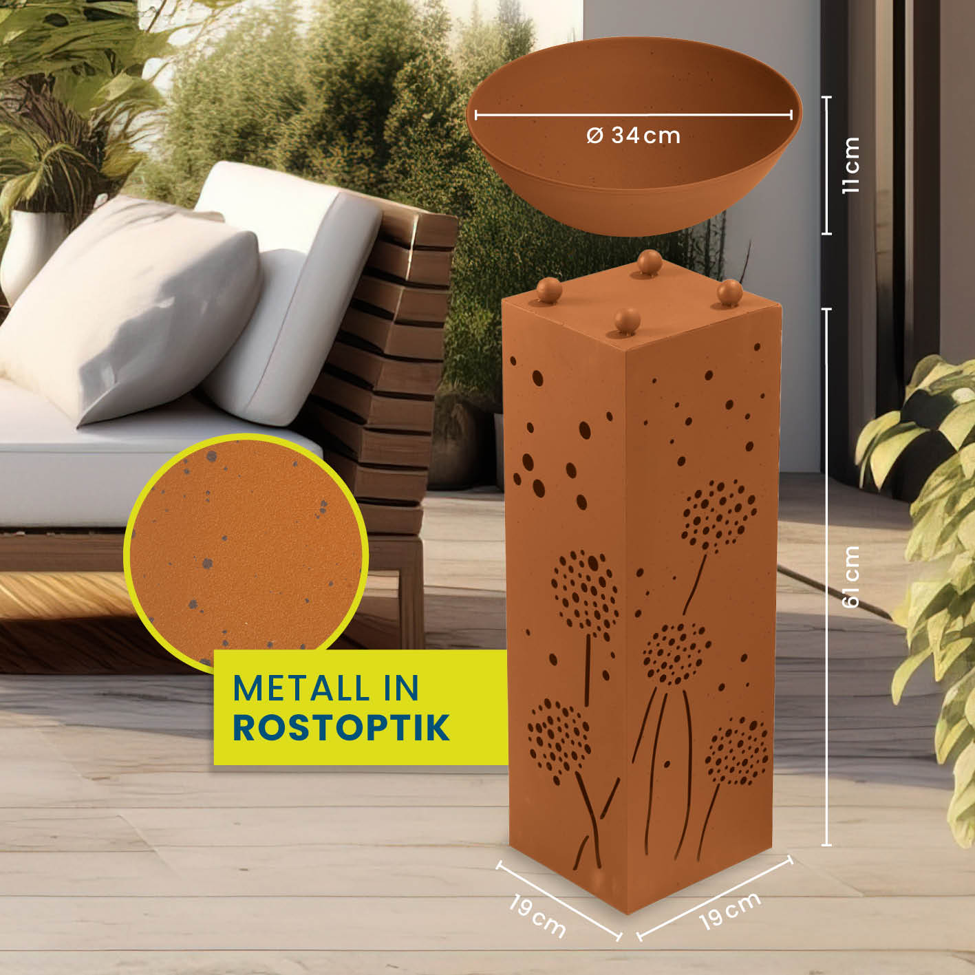 LED Pflanzsäule in Rost-Optik - 19 x 19 x 72 cm, dekorative Metallsäule mit Pusteblumen-Design und abnehmbarer Pflanzschale, batteriebetrieben.