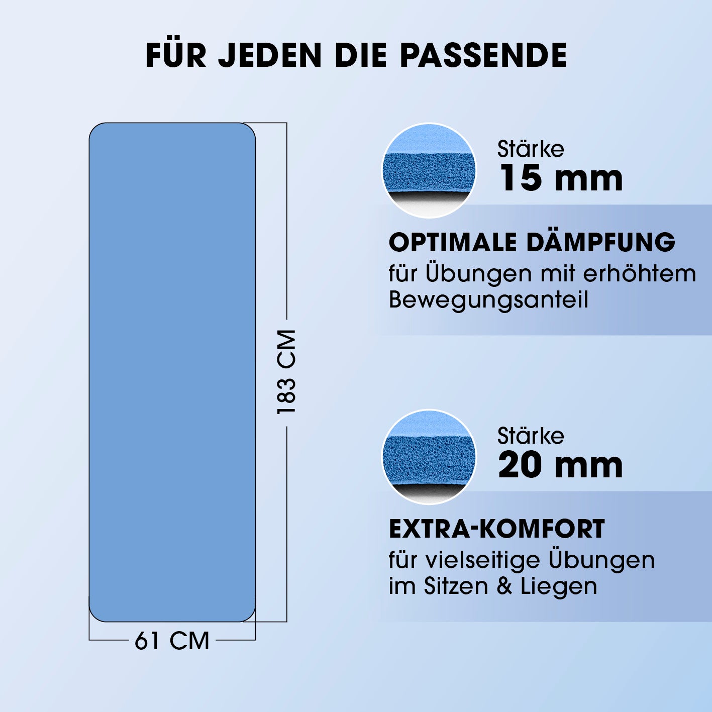 Fitness- und Gymnastikmatte - 183 x 61 x 2 cm - Blau, rutschfest, robust, optimale Dämpfung und extra Komfort für vielseitiges Training.