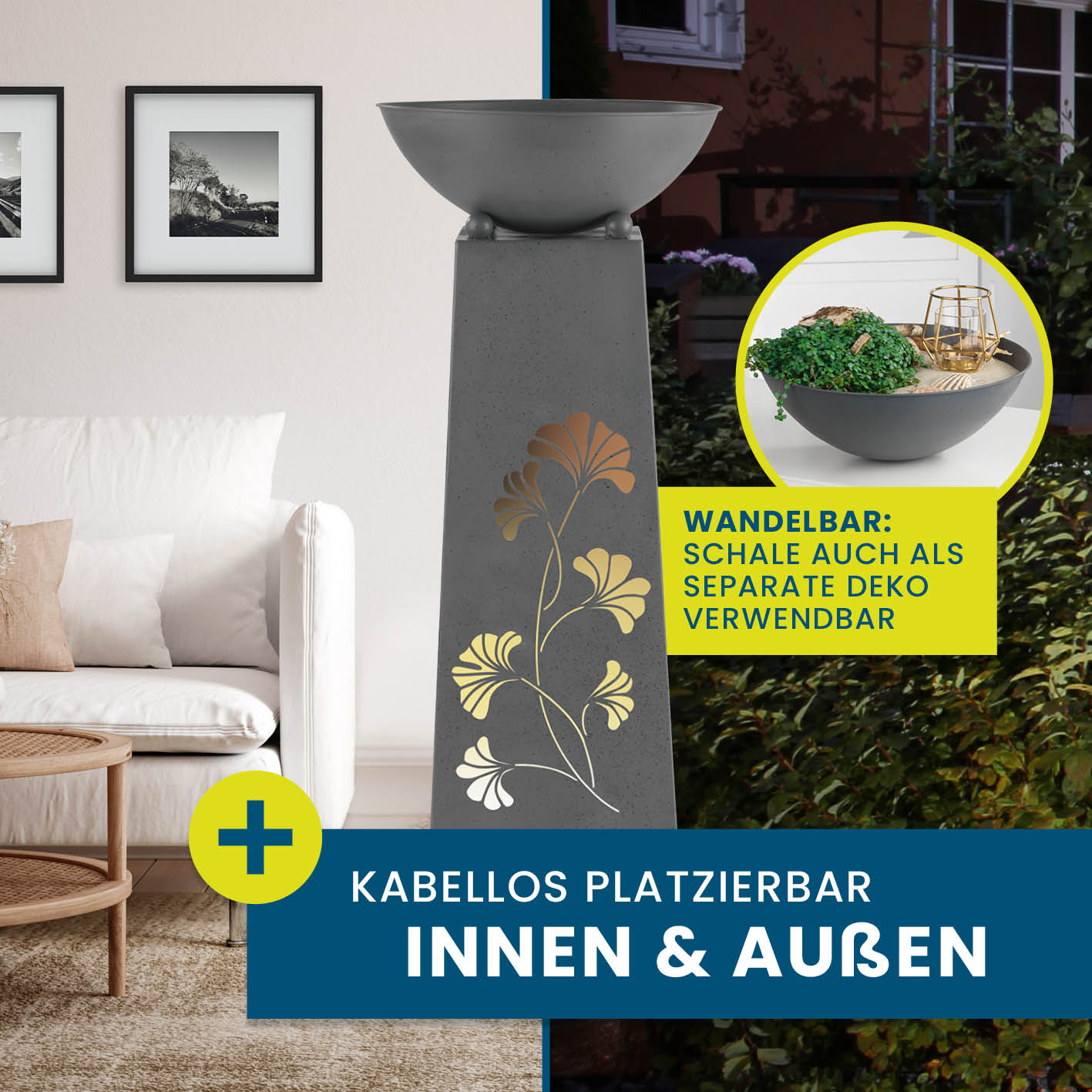 LED Pflanzsäule in Beton-Optik - 23 x 23 x 70 cm mit Gingkoblätter-Design, batteriebetrieben, LED-Beleuchtung und abnehmbarer Pflanzschale.