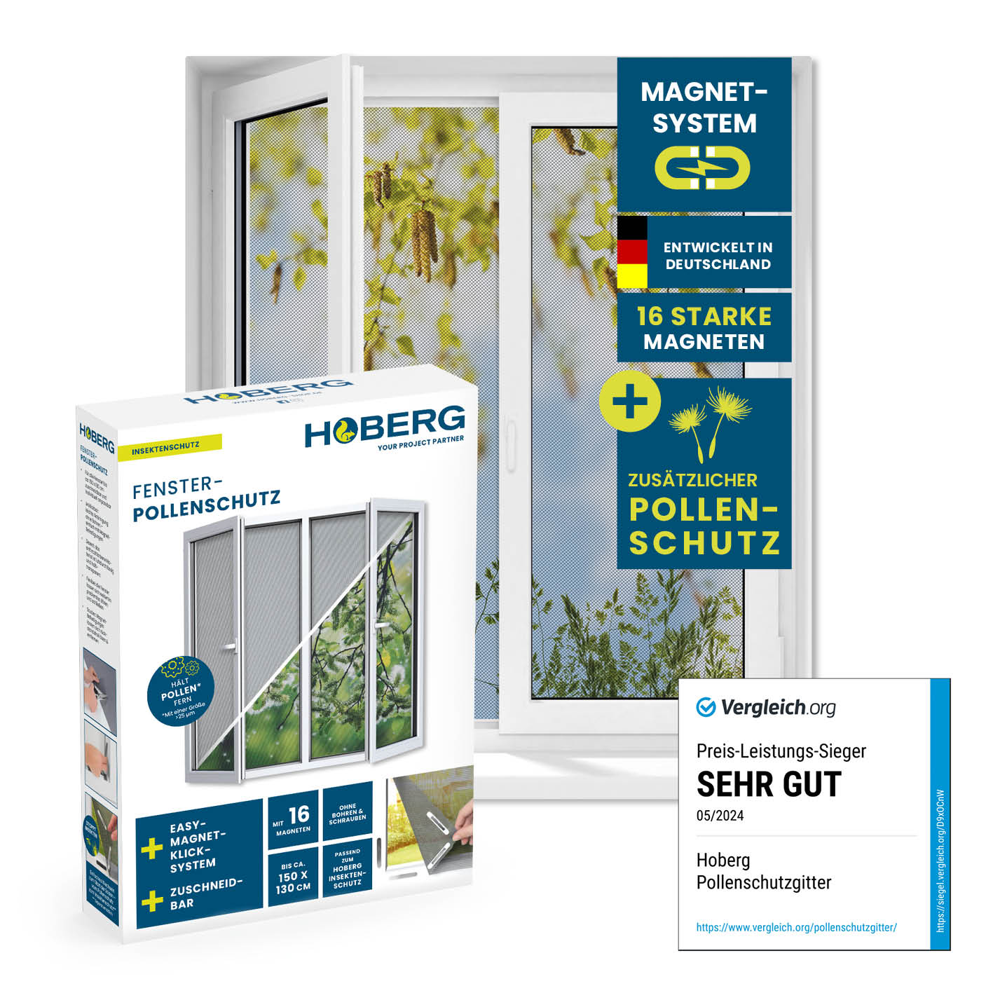 Insekten- & Pollenschutzgitter mit Magnetbefestigung schützt Fenster vor Insekten und Pollen, einfache Montage ohne Bohren.