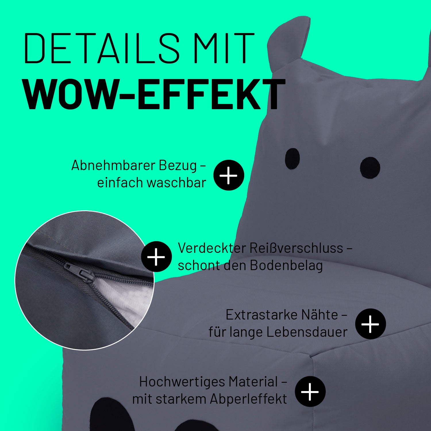 Kindersitzsack Animal Line Hippo (200 L) in Stahlgrau, wasserabweisend, abnehmbarer Bezug, verdeckter Reißverschluss, langlebig und pflegeleicht.