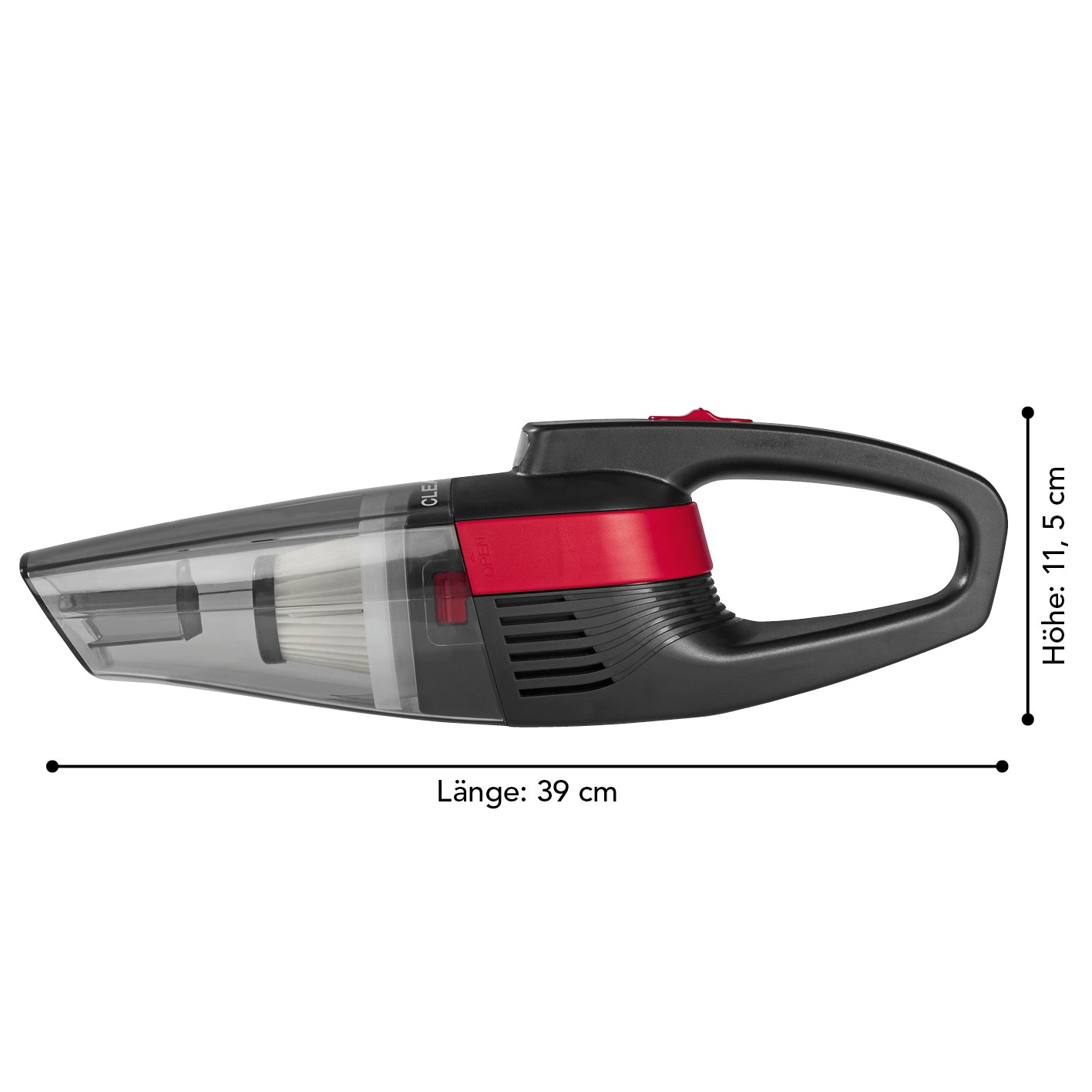 Akku-Handstaubsauger - grau/rot, kompakt und kabellos mit abnehmbarem Schmutzbehälter und leistungsstarkem Akku, ideal für schwer erreichbare Stellen.